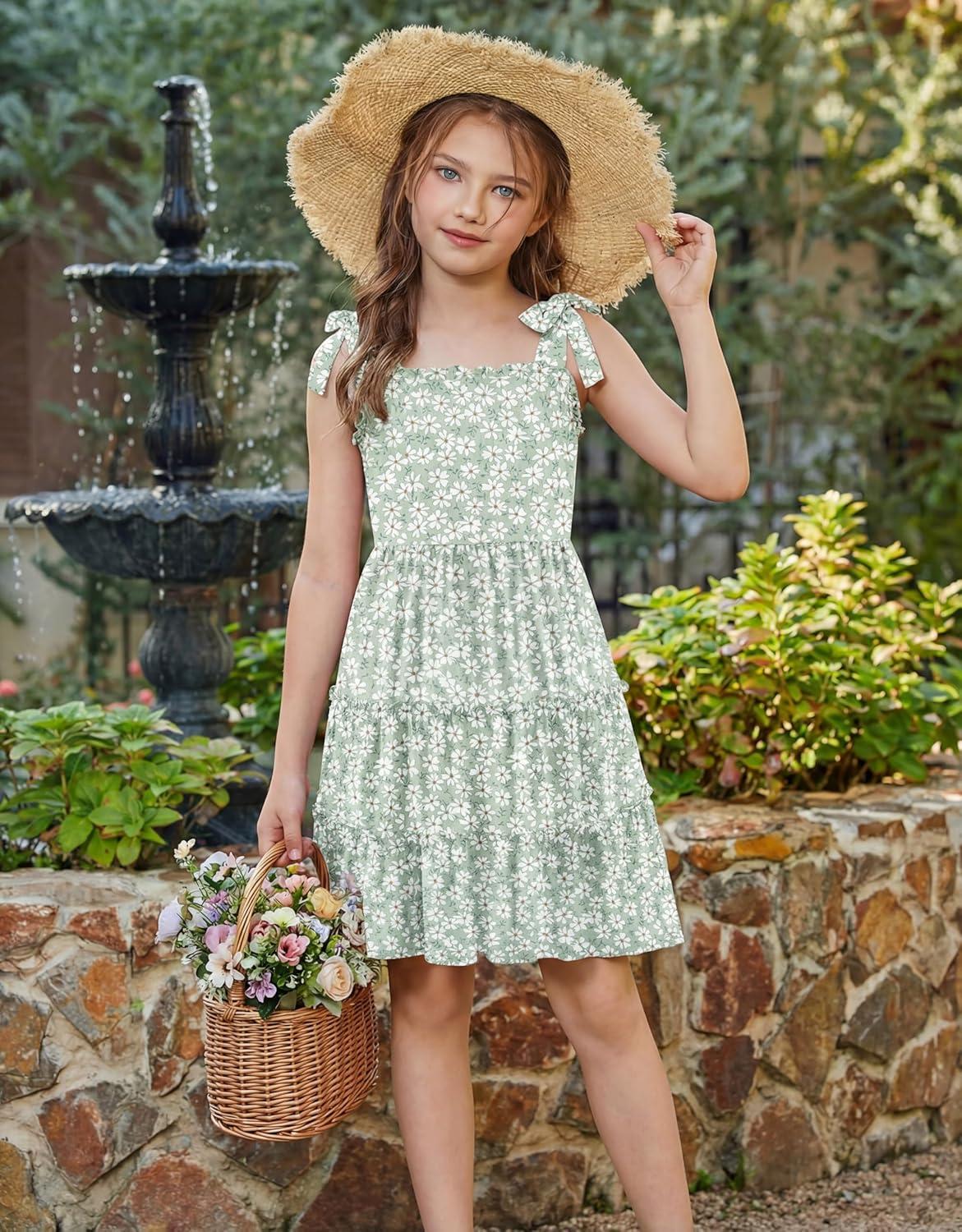 image:imageArshiner Girls Summer Dress Tween Boho Casual Bowknot Strap Sleeveless Swing Flowy Ruffle Tiered Sundresses with PocketsGreen Floral