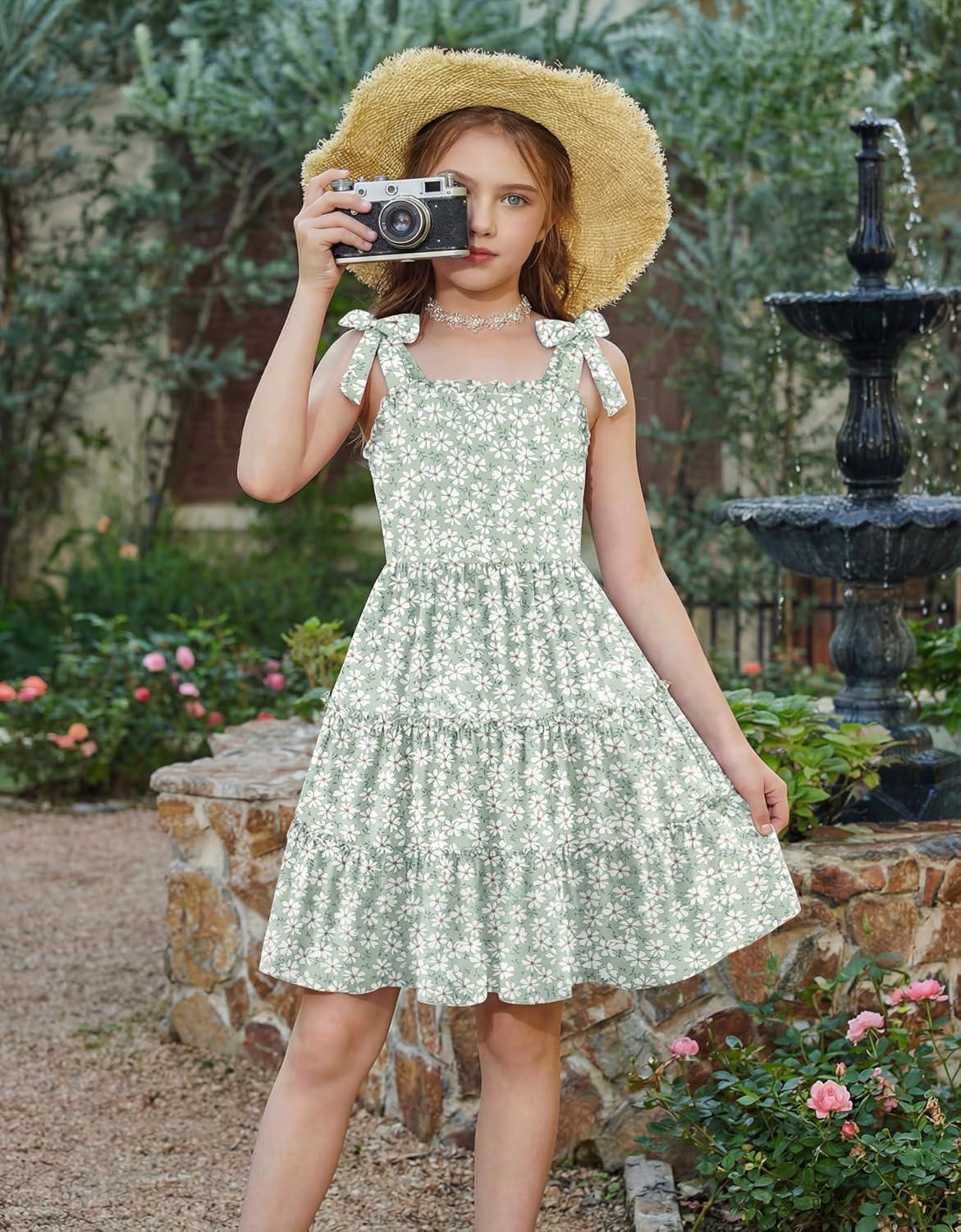 image:imageArshiner Girls Summer Dress Tween Boho Casual Bowknot Strap Sleeveless Swing Flowy Ruffle Tiered Sundresses with PocketsGreen Floral