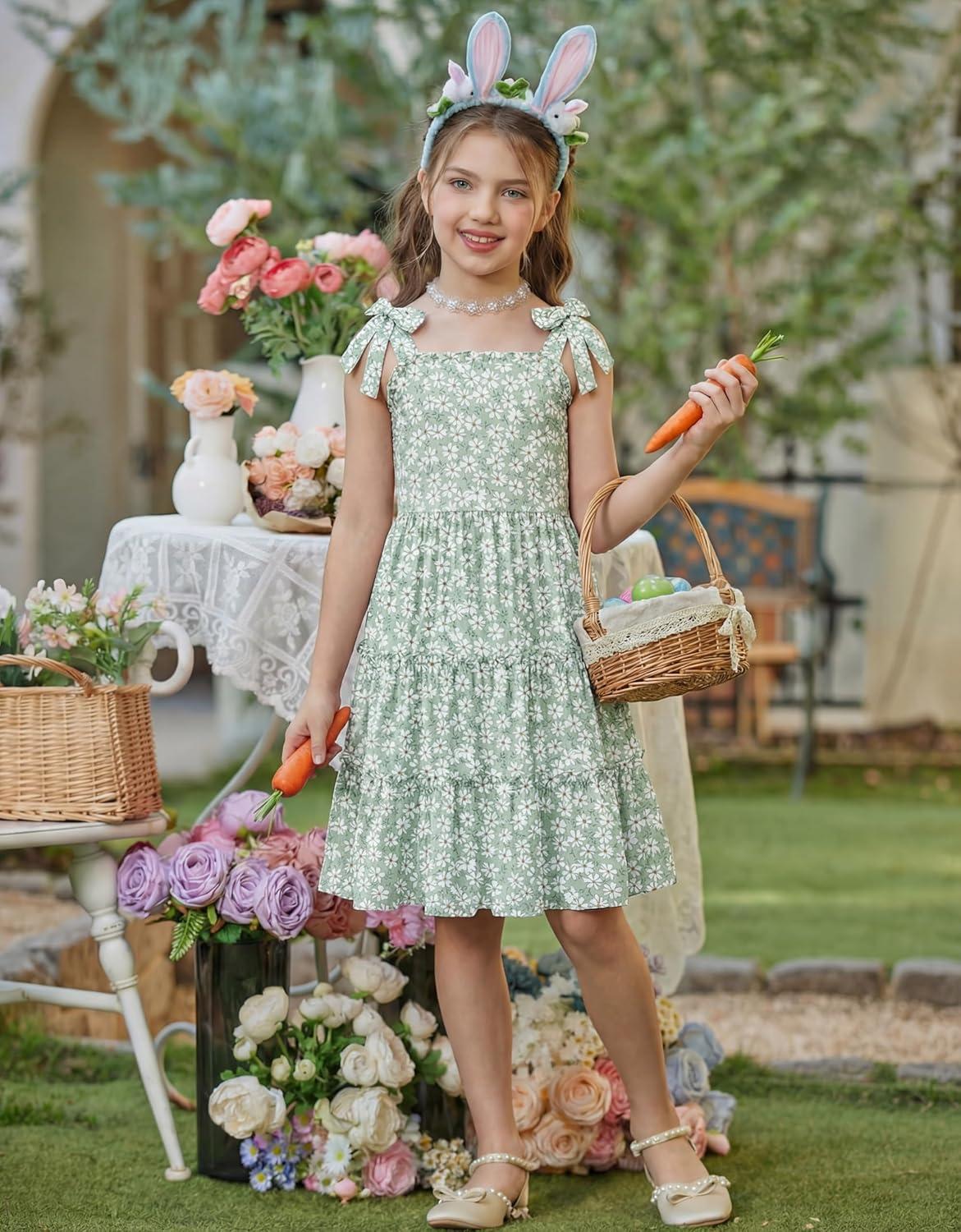 image:imageArshiner Girls Summer Dress Tween Boho Casual Bowknot Strap Sleeveless Swing Flowy Ruffle Tiered Sundresses with PocketsGreen Floral