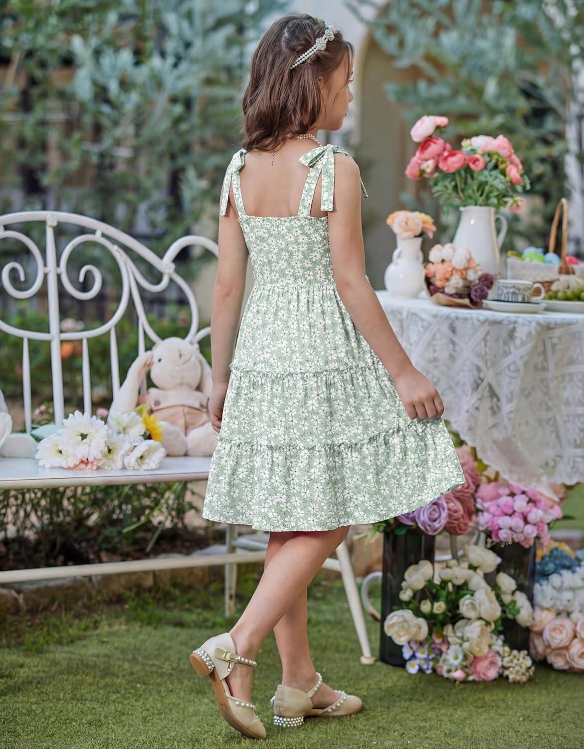image:imageArshiner Girls Summer Dress Tween Boho Casual Bowknot Strap Sleeveless Swing Flowy Ruffle Tiered Sundresses with PocketsGreen Floral