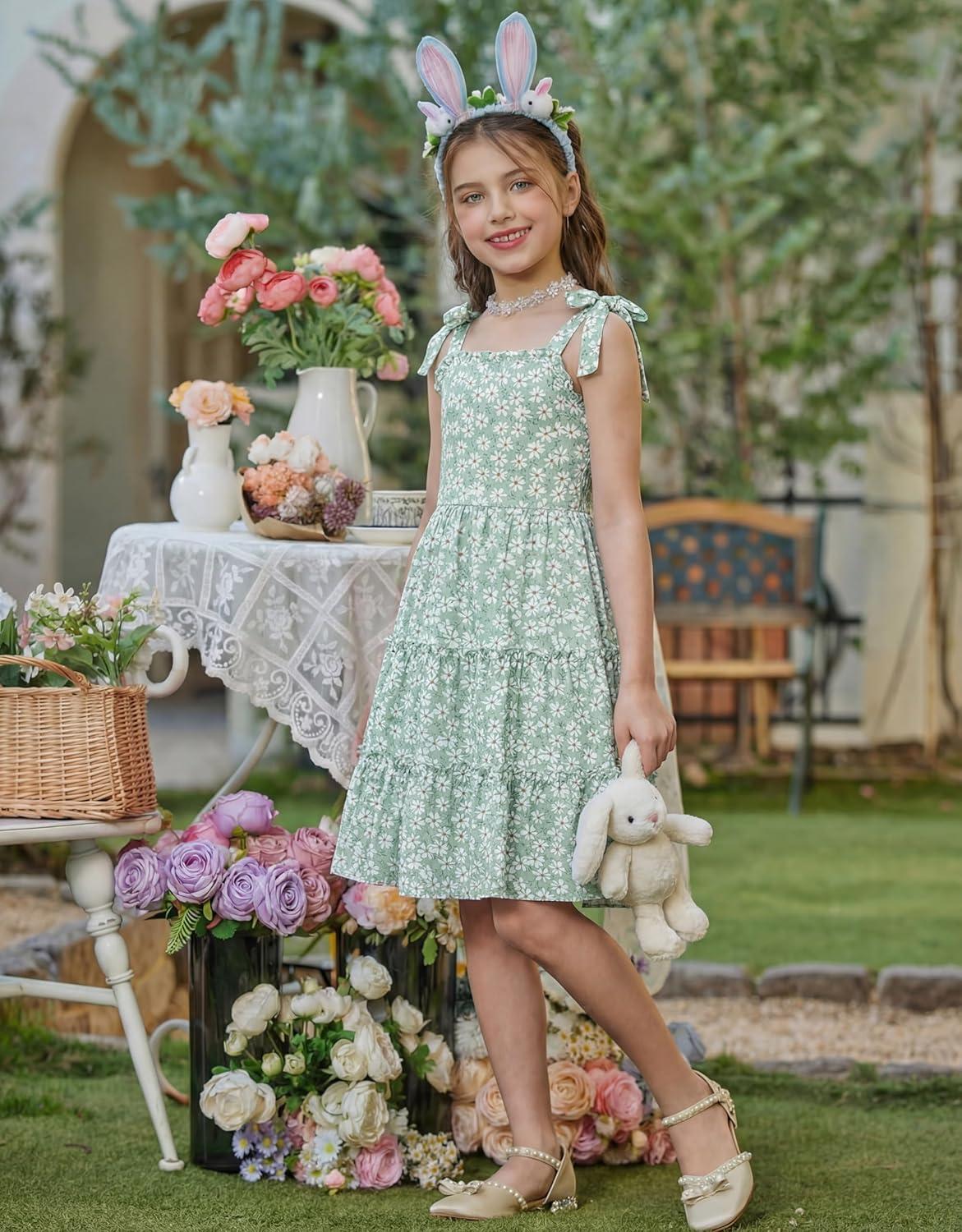 image:imageArshiner Girls Summer Dress Tween Boho Casual Bowknot Strap Sleeveless Swing Flowy Ruffle Tiered Sundresses with PocketsGreen Floral