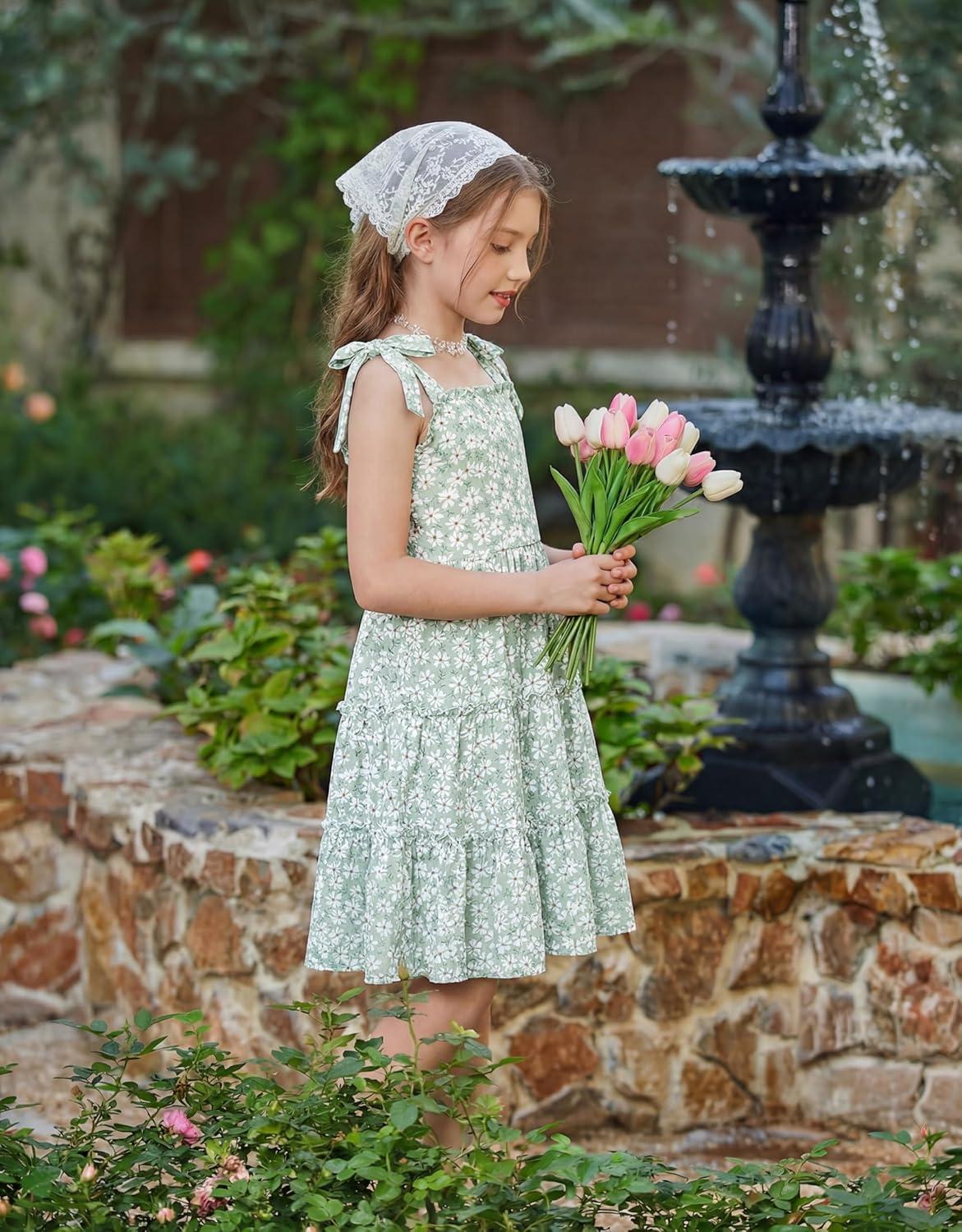 image:imageArshiner Girls Summer Dress Tween Boho Casual Bowknot Strap Sleeveless Swing Flowy Ruffle Tiered Sundresses with PocketsGreen Floral