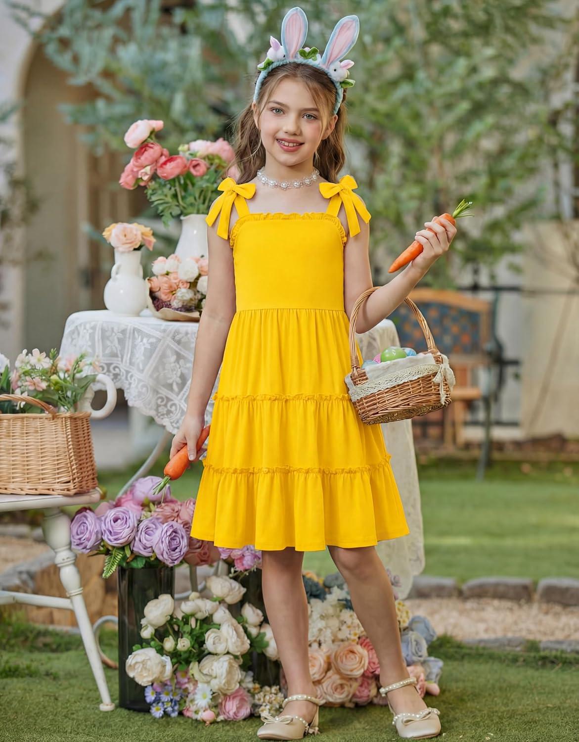 image:imageArshiner Girls Summer Dress Tween Boho Casual Bowknot Strap Sleeveless Swing Flowy Ruffle Tiered Sundresses with PocketsYellow