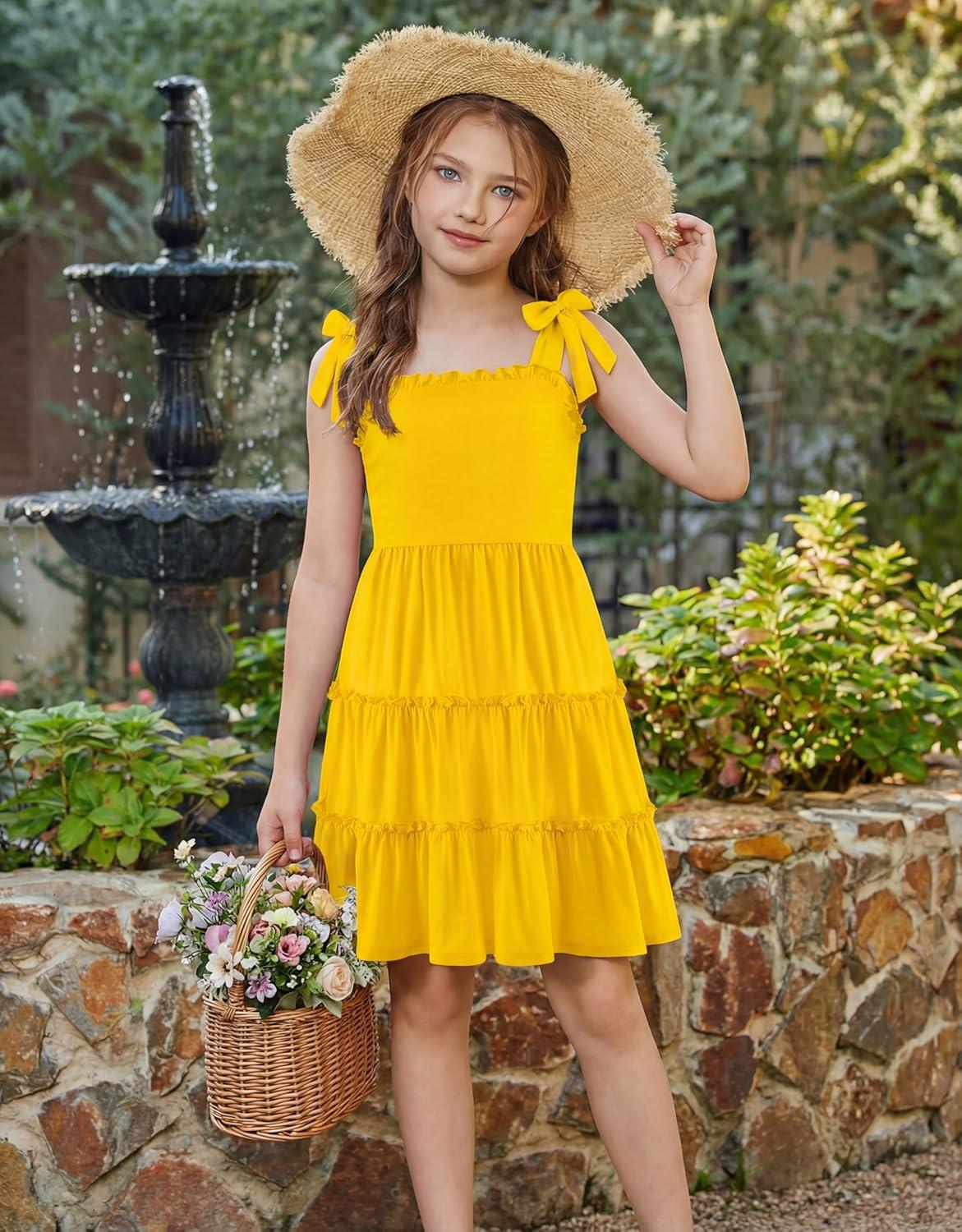 image:imageArshiner Girls Summer Dress Tween Boho Casual Bowknot Strap Sleeveless Swing Flowy Ruffle Tiered Sundresses with PocketsYellow
