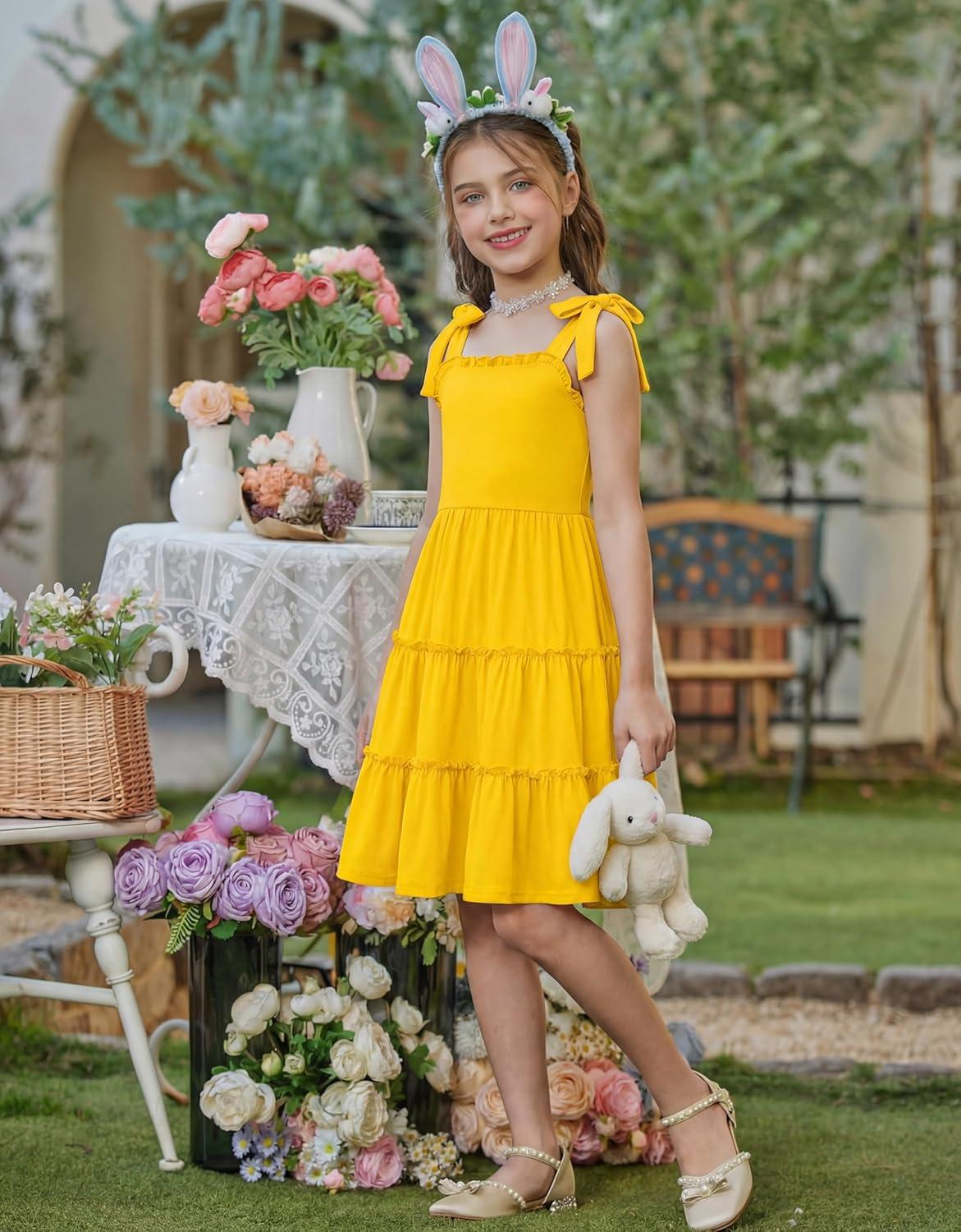 image:imageArshiner Girls Summer Dress Tween Boho Casual Bowknot Strap Sleeveless Swing Flowy Ruffle Tiered Sundresses with PocketsYellow