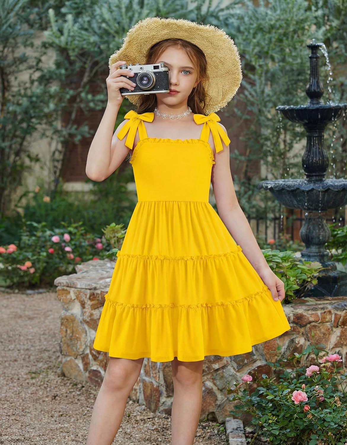 image:imageArshiner Girls Summer Dress Tween Boho Casual Bowknot Strap Sleeveless Swing Flowy Ruffle Tiered Sundresses with PocketsYellow