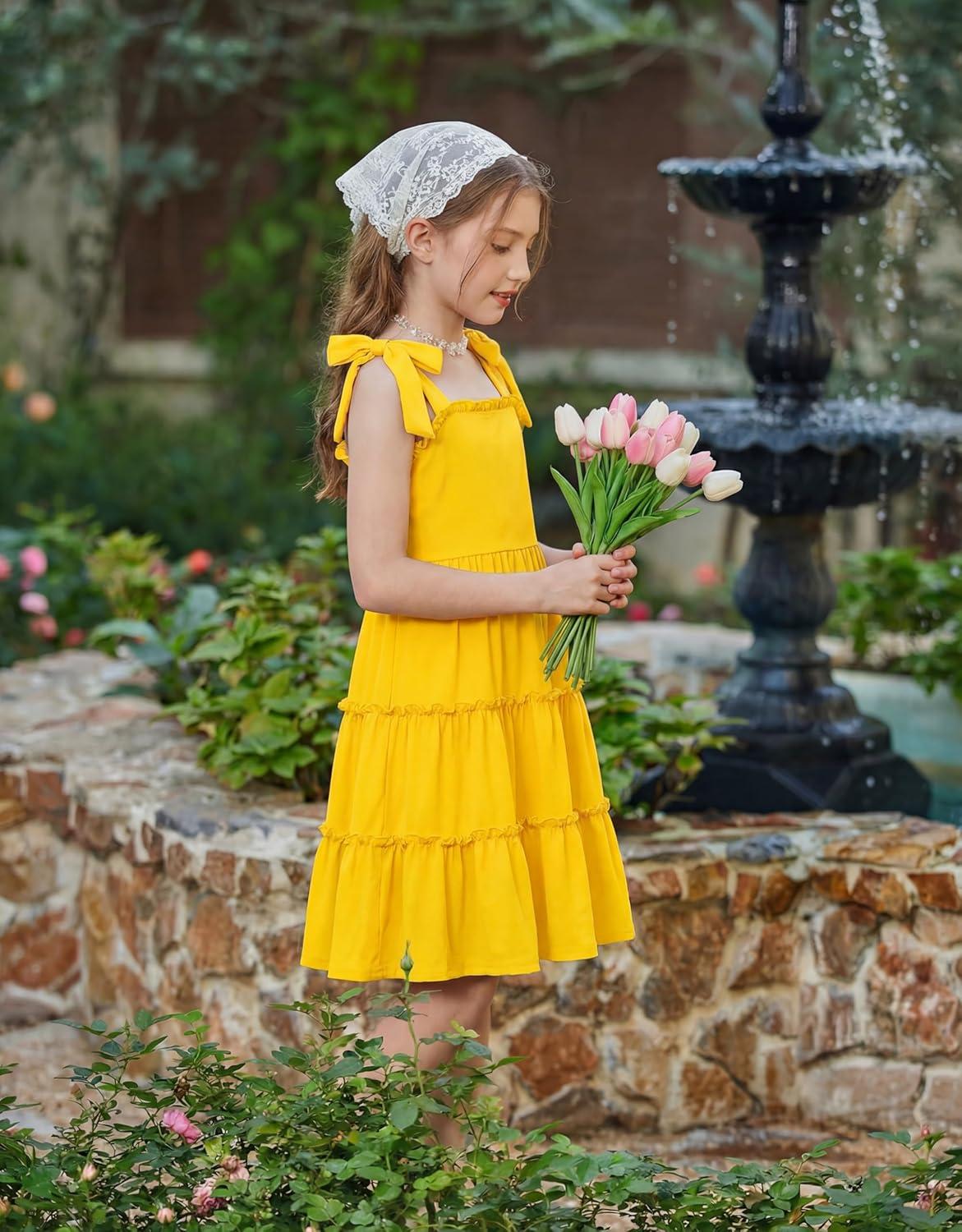 image:imageArshiner Girls Summer Dress Tween Boho Casual Bowknot Strap Sleeveless Swing Flowy Ruffle Tiered Sundresses with PocketsYellow