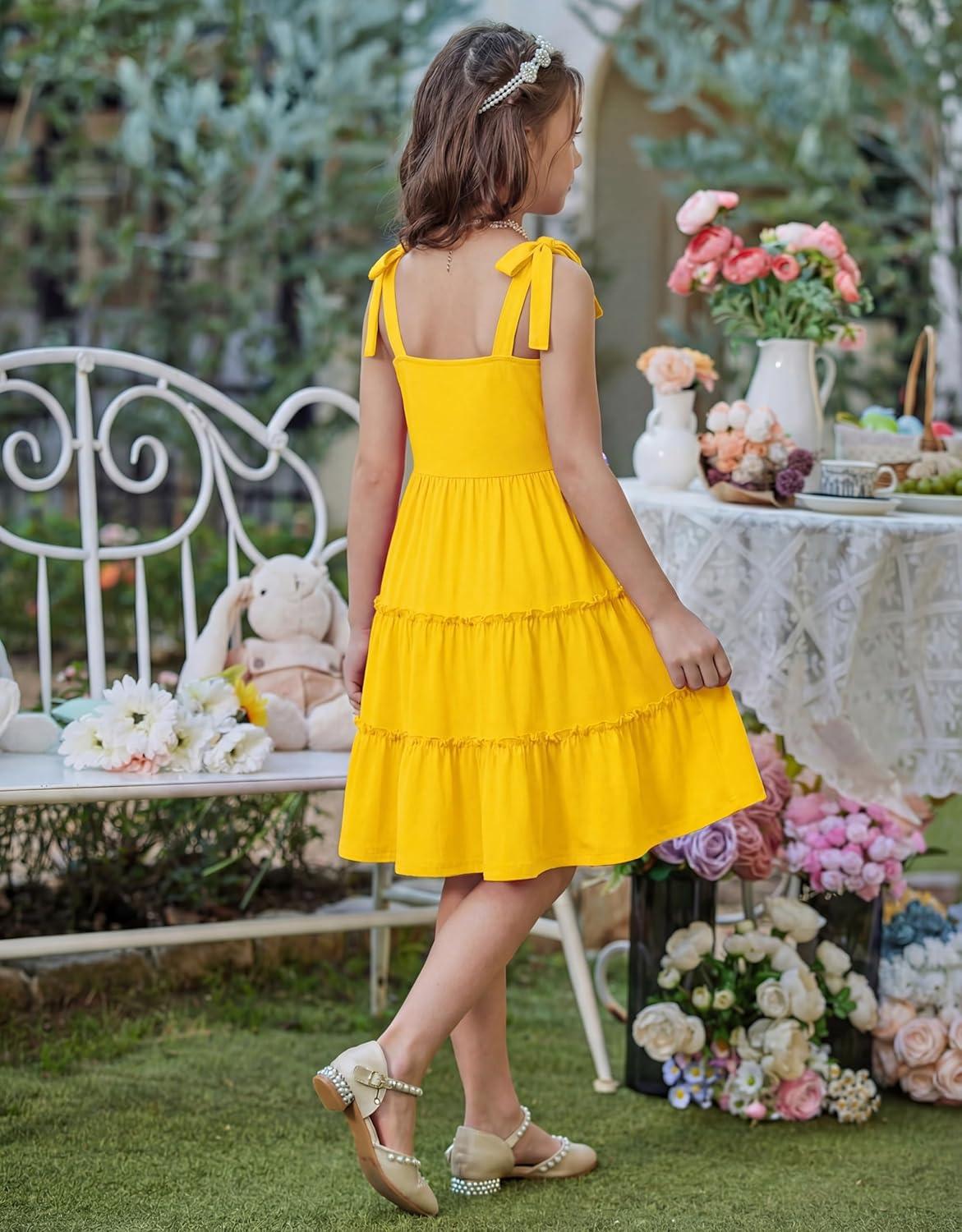 image:imageArshiner Girls Summer Dress Tween Boho Casual Bowknot Strap Sleeveless Swing Flowy Ruffle Tiered Sundresses with PocketsYellow