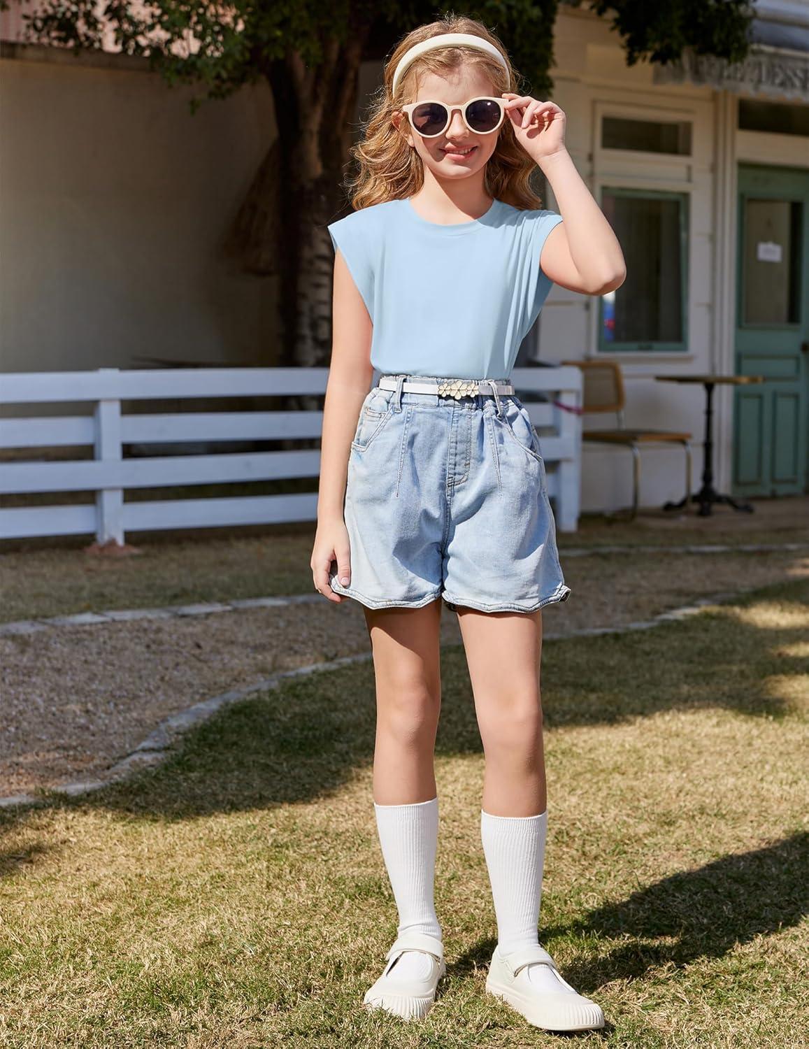 image:imageArshiner Girls T Shirts Cap Sleeves Casual Summer Tops Crewneck Tank Loose Fit Fashion Blouse TeeLight Blue