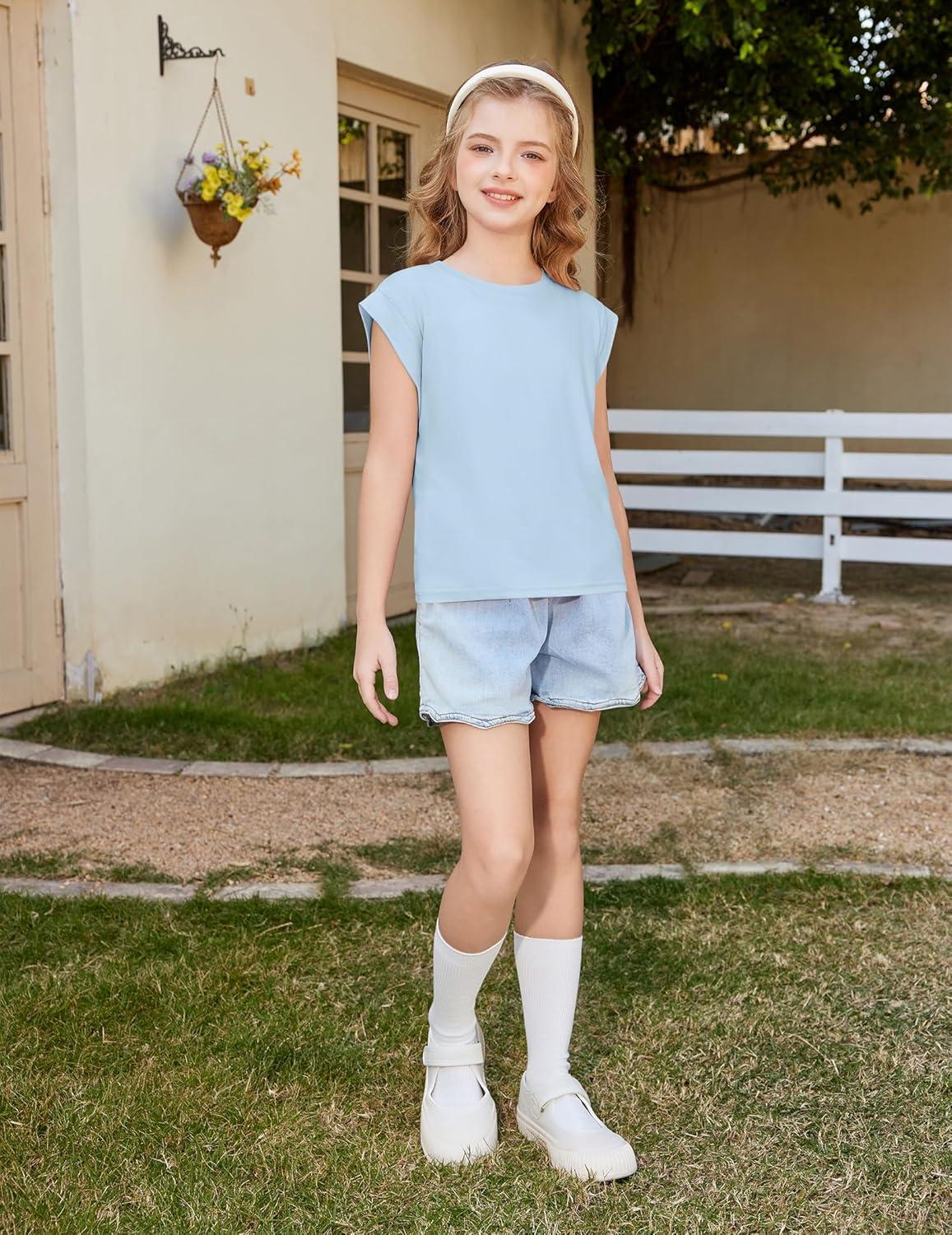 image:imageArshiner Girls T Shirts Cap Sleeves Casual Summer Tops Crewneck Tank Loose Fit Fashion Blouse TeeLight Blue