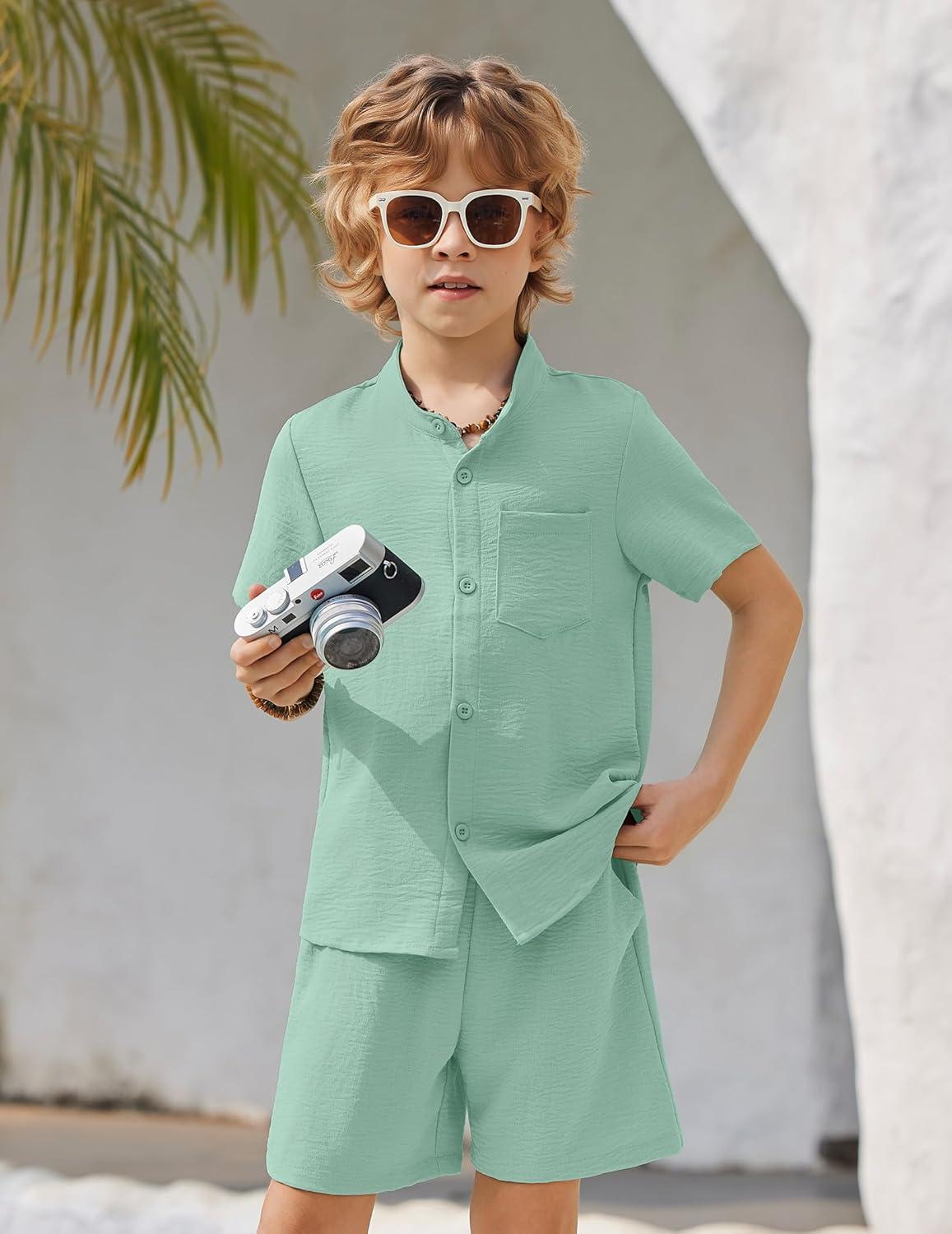image:imageArshiner Toddler Boys 2 Piece Set Short Sleeve Button Down Shirt and Shorts Vacation Texture Outfits with Pocket 213 YearsGreen