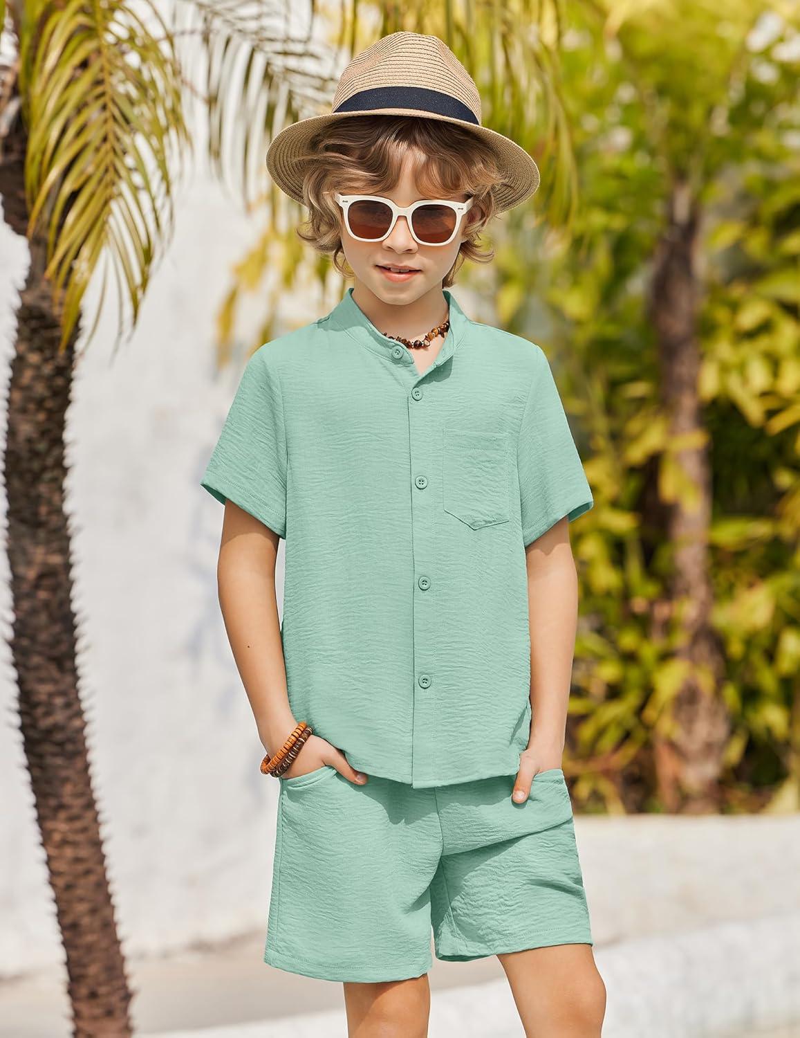 image:imageArshiner Toddler Boys 2 Piece Set Short Sleeve Button Down Shirt and Shorts Vacation Texture Outfits with Pocket 213 YearsGreen