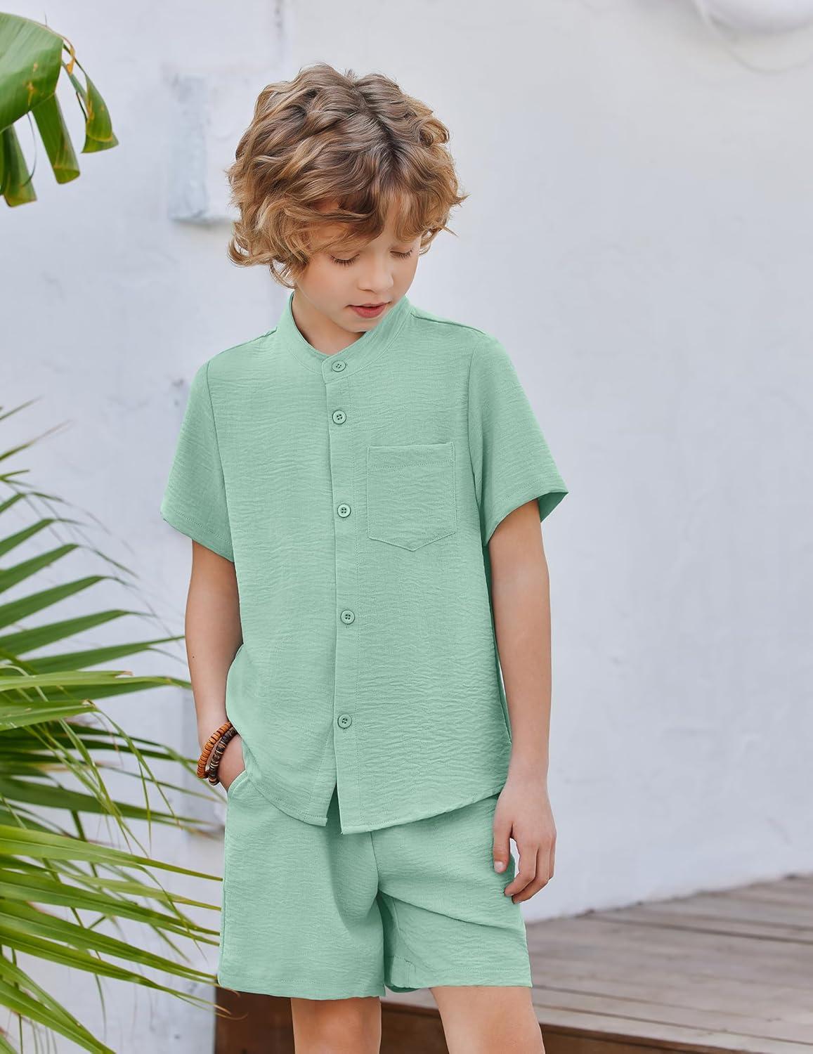 image:imageArshiner Toddler Boys 2 Piece Set Short Sleeve Button Down Shirt and Shorts Vacation Texture Outfits with Pocket 213 YearsGreen