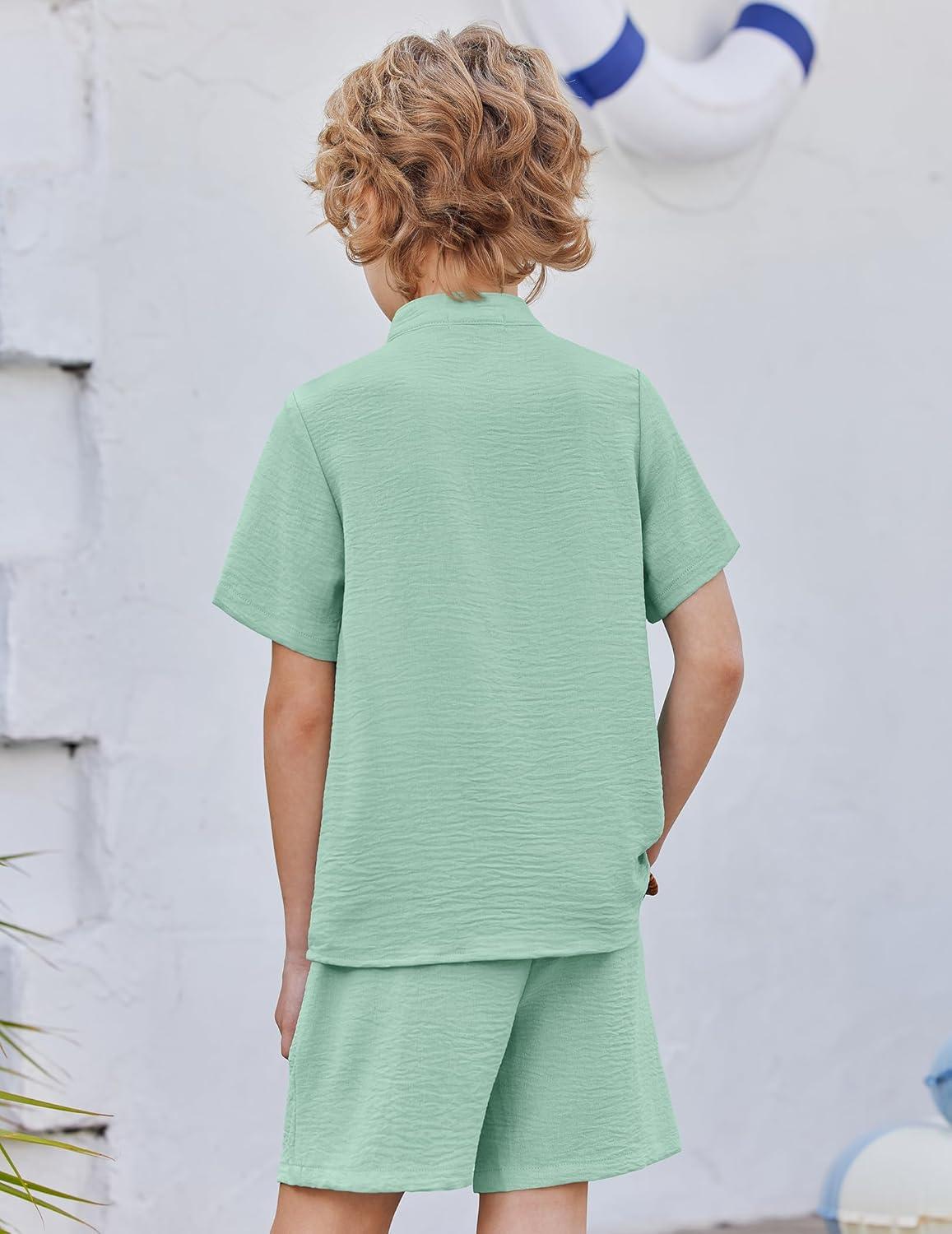 image:imageArshiner Toddler Boys 2 Piece Set Short Sleeve Button Down Shirt and Shorts Vacation Texture Outfits with Pocket 213 YearsGreen