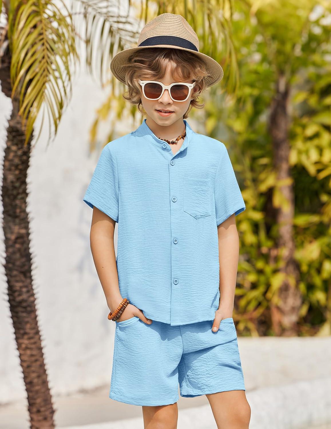 image:imageArshiner Toddler Boys 2 Piece Set Short Sleeve Button Down Shirt and Shorts Vacation Texture Outfits with Pocket 213 YearsLight Blue