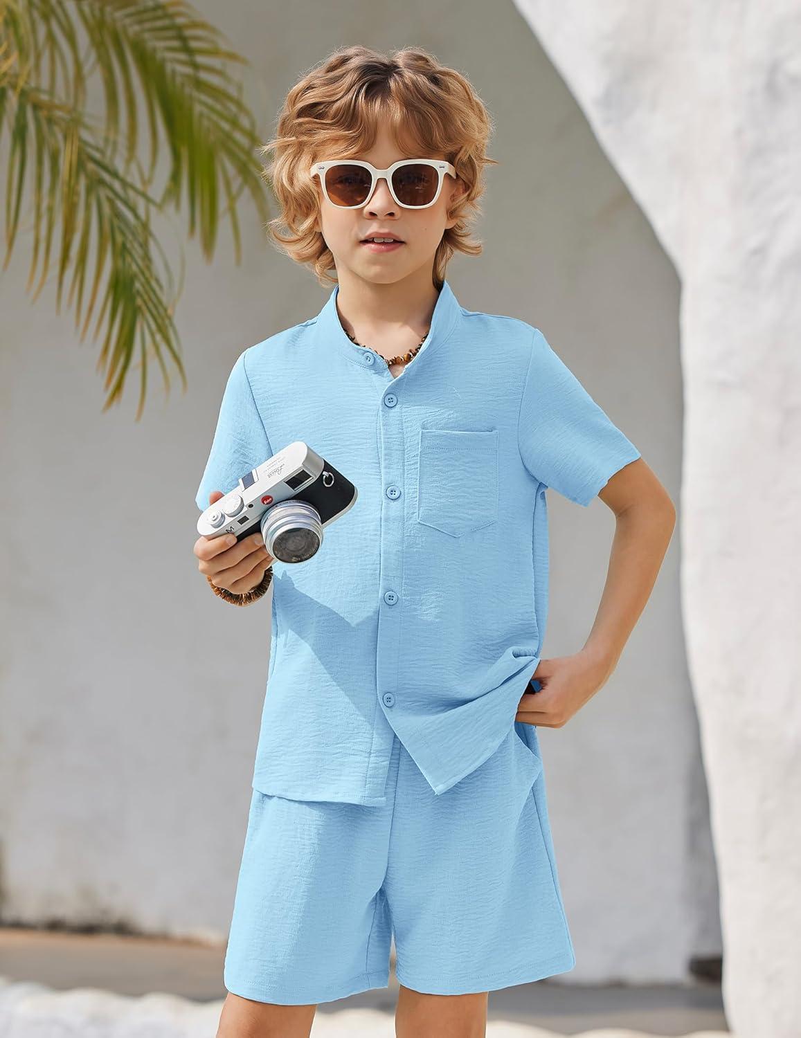 image:imageArshiner Toddler Boys 2 Piece Set Short Sleeve Button Down Shirt and Shorts Vacation Texture Outfits with Pocket 213 YearsLight Blue