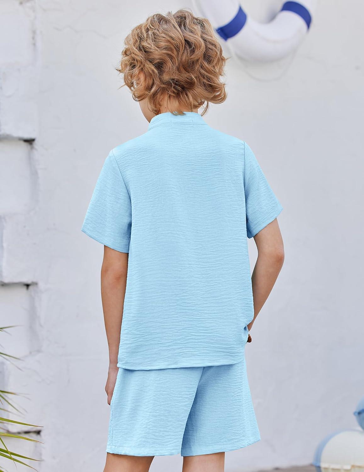 image:imageArshiner Toddler Boys 2 Piece Set Short Sleeve Button Down Shirt and Shorts Vacation Texture Outfits with Pocket 213 YearsLight Blue