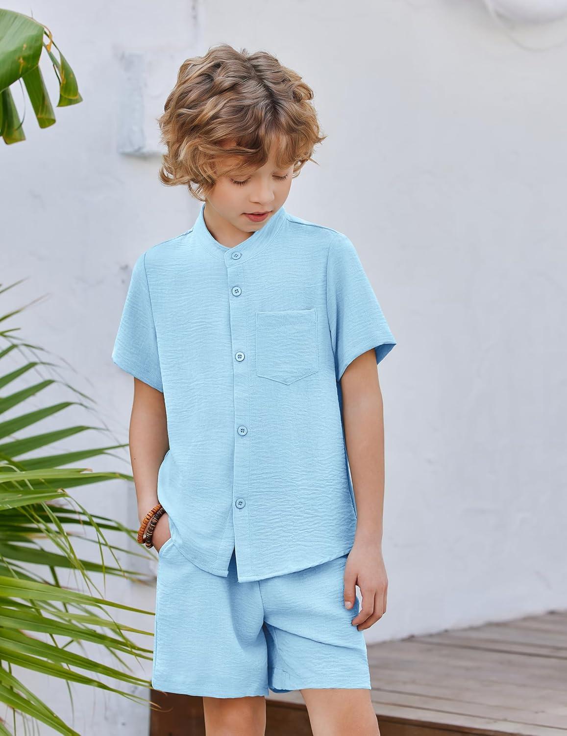 image:imageArshiner Toddler Boys 2 Piece Set Short Sleeve Button Down Shirt and Shorts Vacation Texture Outfits with Pocket 213 YearsLight Blue