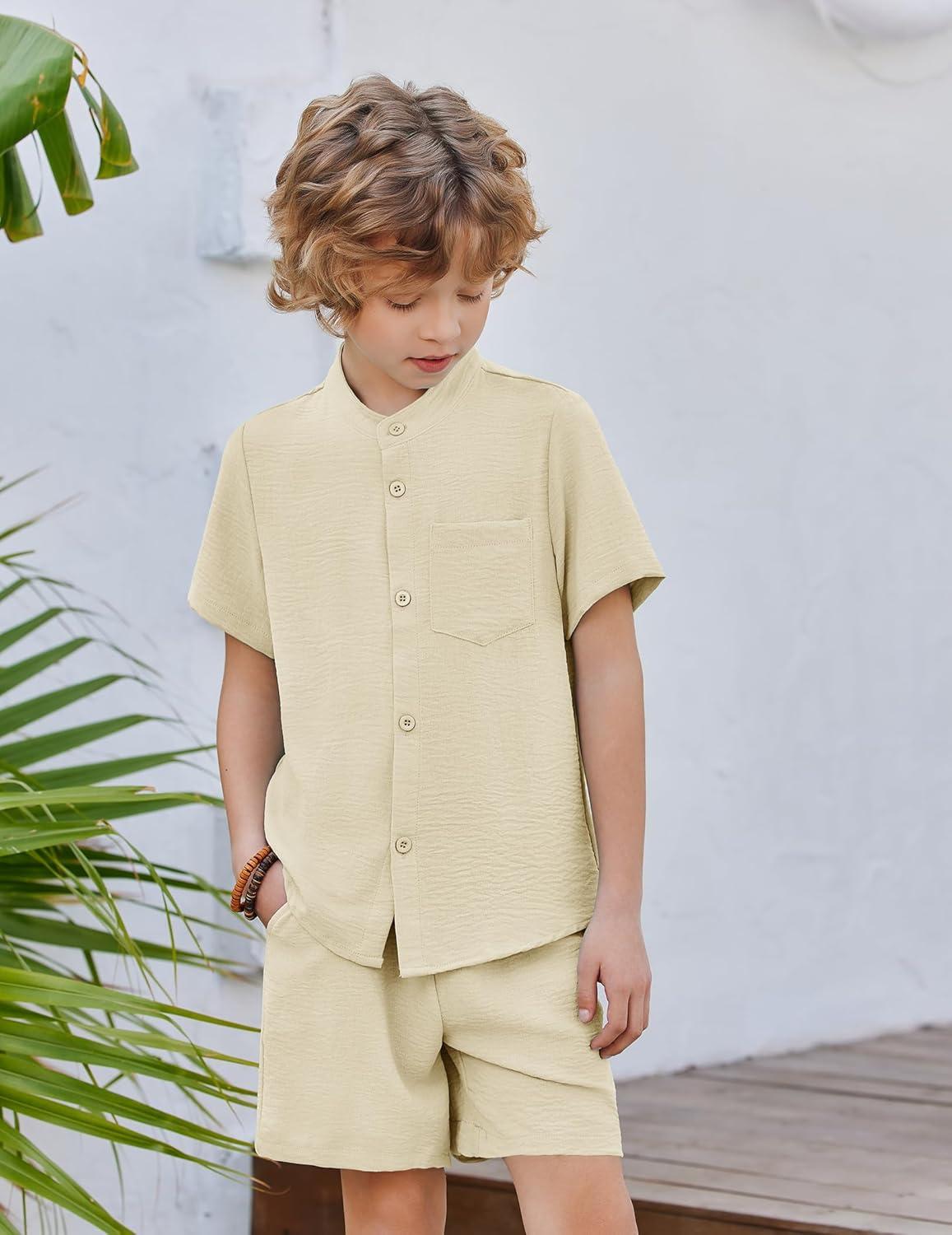 image:imageArshiner Toddler Boys 2 Piece Set Short Sleeve Button Down Shirt and Shorts Vacation Texture Outfits with Pocket 213 YearsLight Khaki