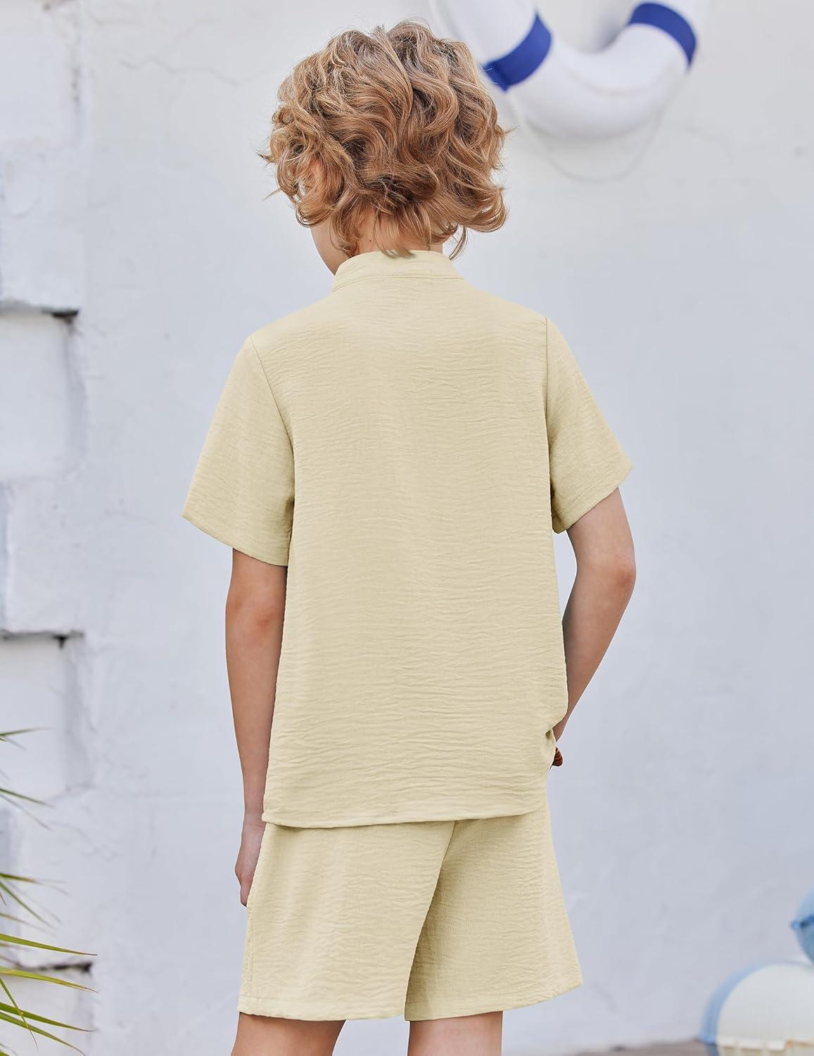 image:imageArshiner Toddler Boys 2 Piece Set Short Sleeve Button Down Shirt and Shorts Vacation Texture Outfits with Pocket 213 YearsLight Khaki