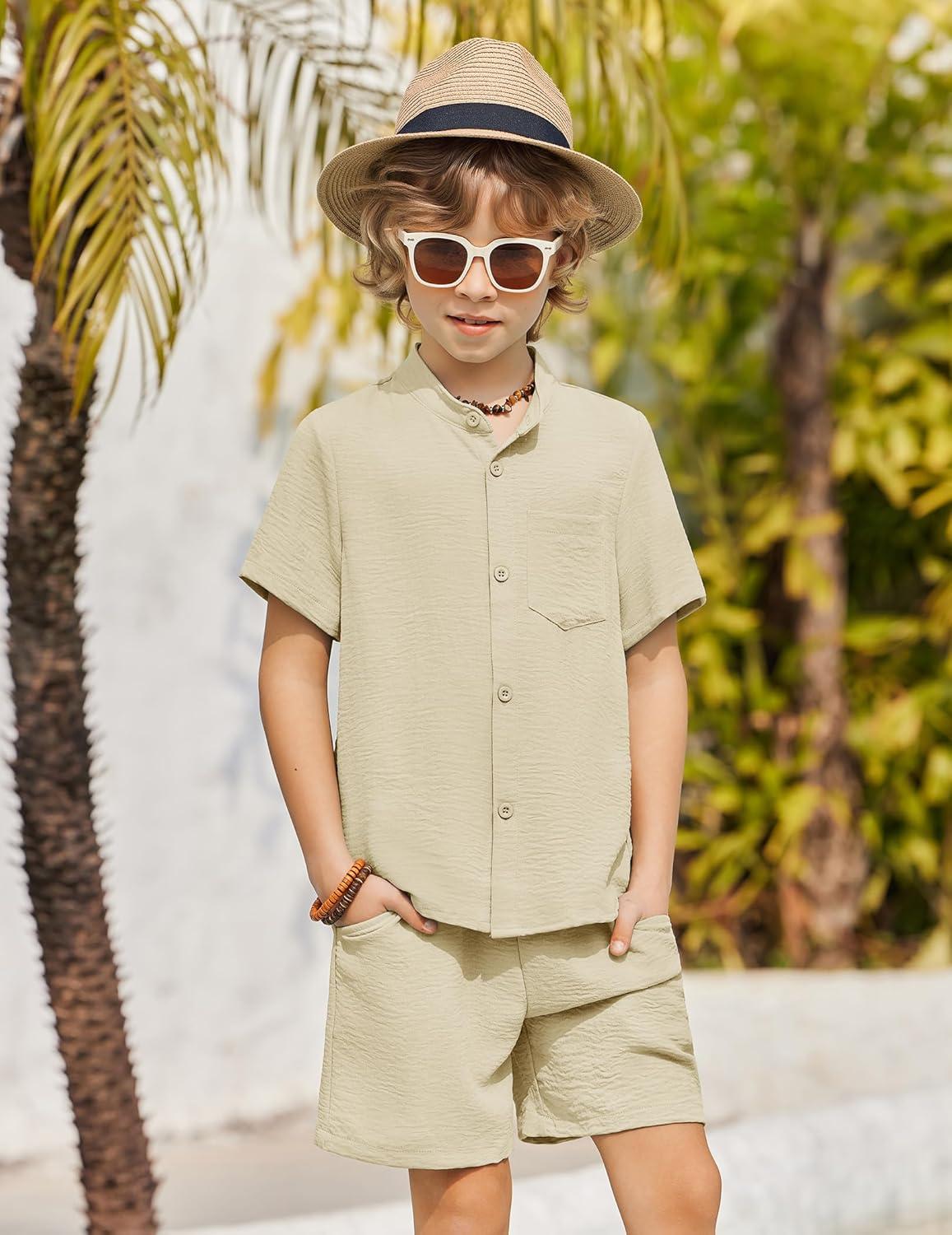image:imageArshiner Toddler Boys 2 Piece Set Short Sleeve Button Down Shirt and Shorts Vacation Texture Outfits with Pocket 213 YearsLight Khaki
