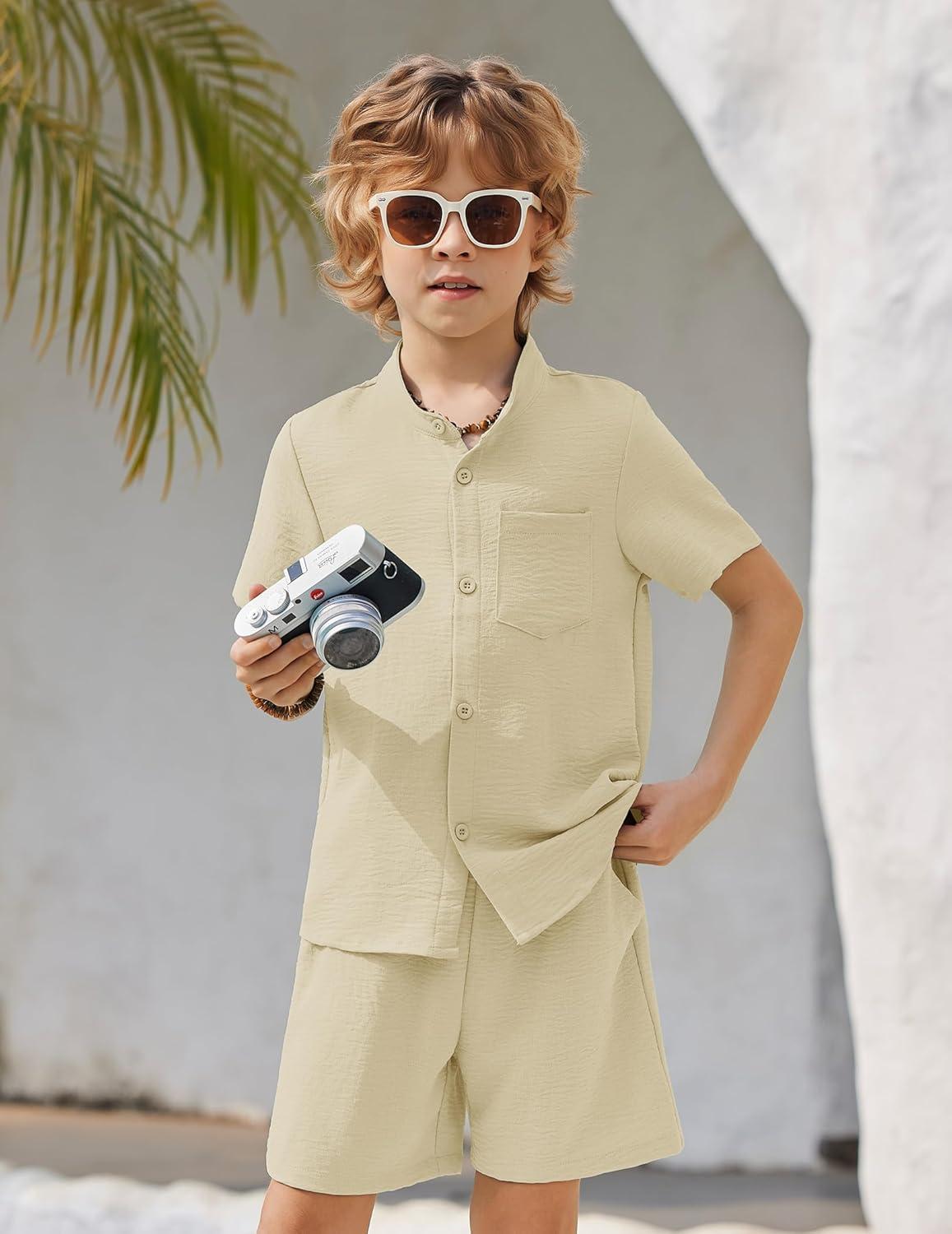 image:imageArshiner Toddler Boys 2 Piece Set Short Sleeve Button Down Shirt and Shorts Vacation Texture Outfits with Pocket 213 YearsLight Khaki
