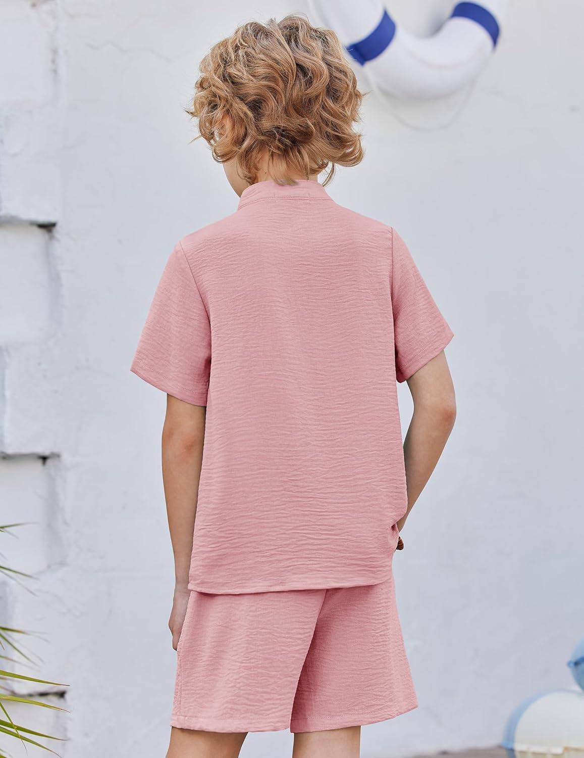 image:imageArshiner Toddler Boys 2 Piece Set Short Sleeve Button Down Shirt and Shorts Vacation Texture Outfits with Pocket 213 YearsLight Pink