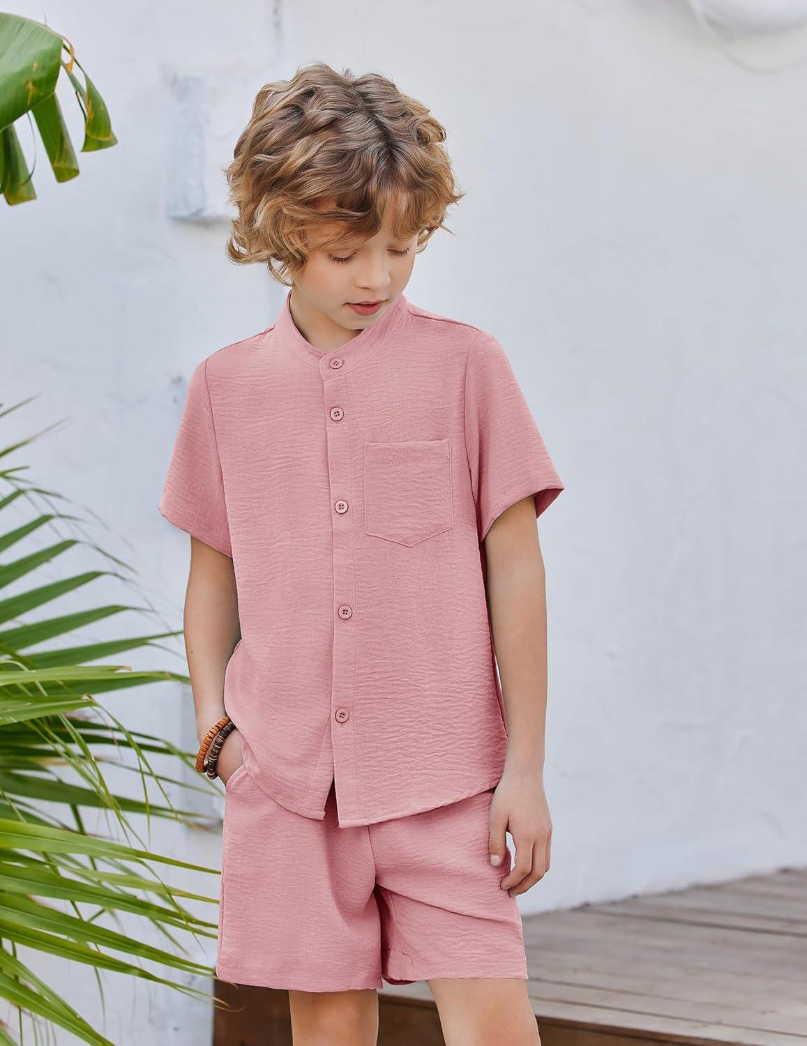 image:imageArshiner Toddler Boys 2 Piece Set Short Sleeve Button Down Shirt and Shorts Vacation Texture Outfits with Pocket 213 YearsLight Pink