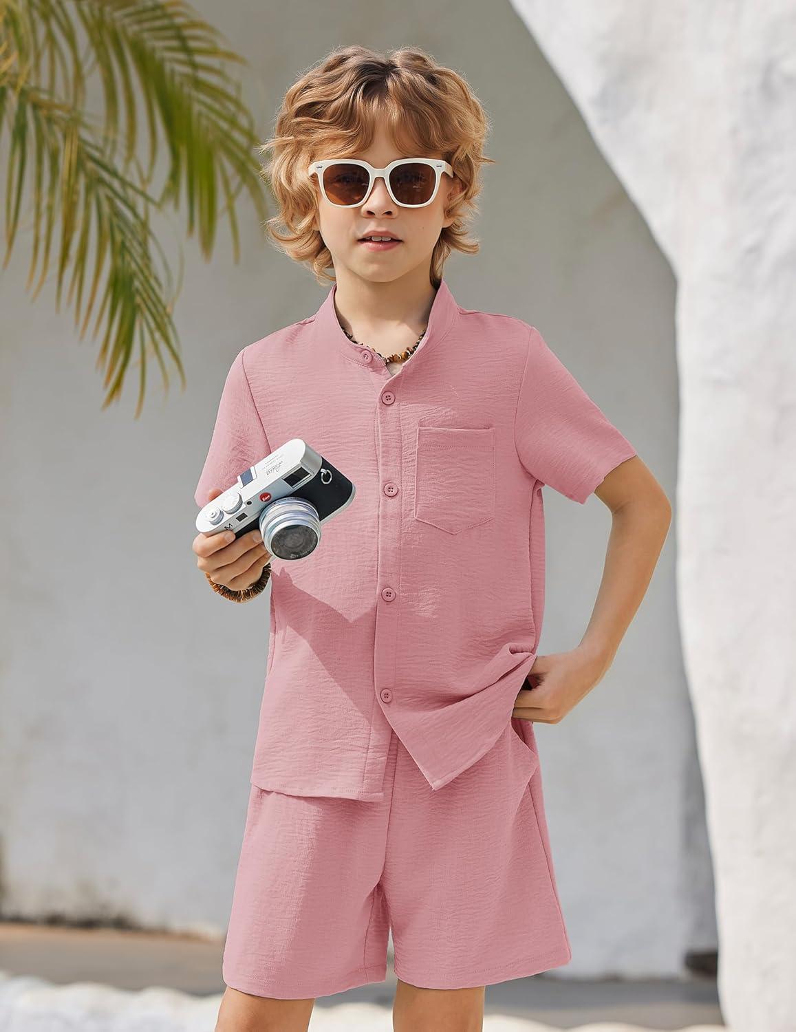 image:imageArshiner Toddler Boys 2 Piece Set Short Sleeve Button Down Shirt and Shorts Vacation Texture Outfits with Pocket 213 YearsLight Pink