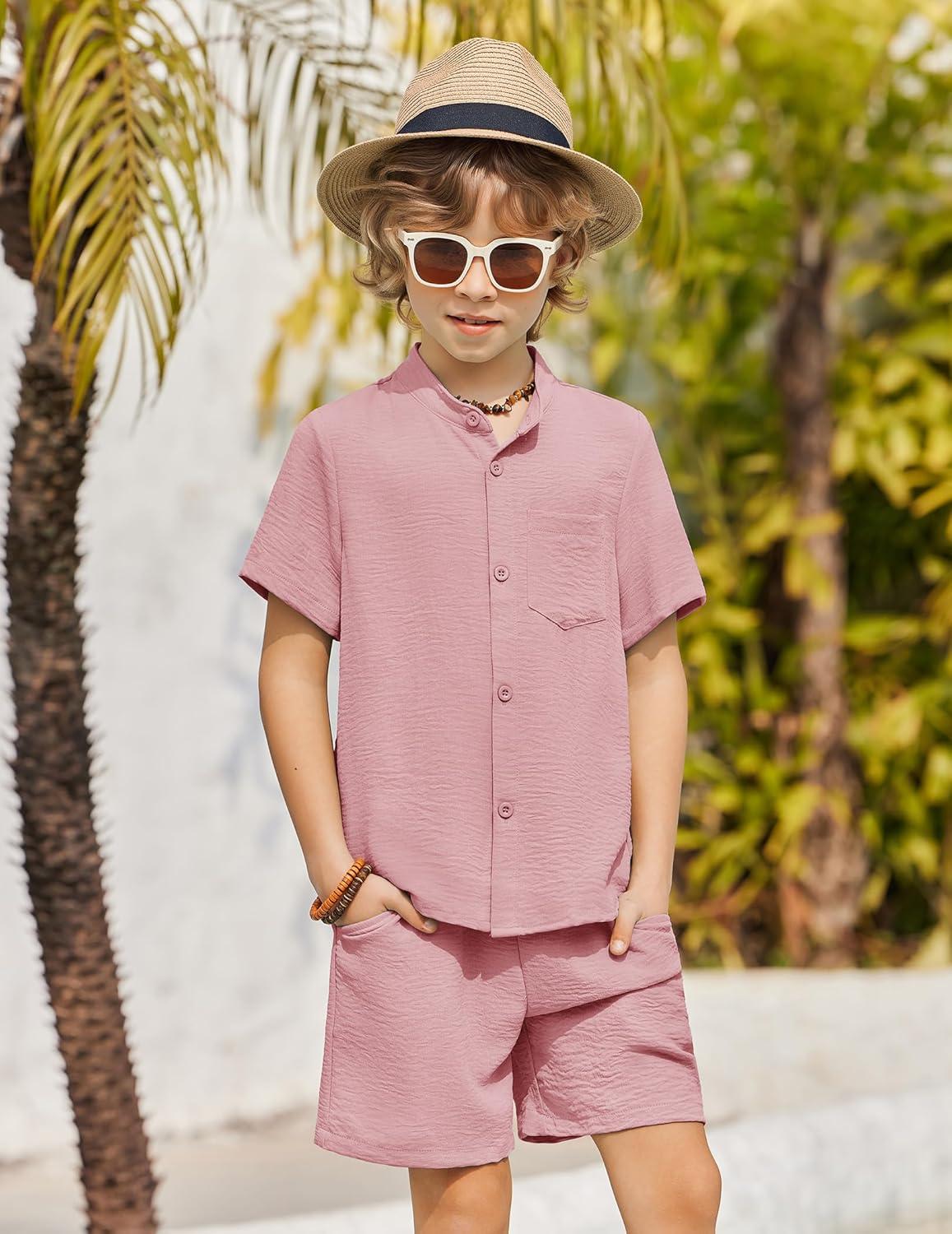 image:imageArshiner Toddler Boys 2 Piece Set Short Sleeve Button Down Shirt and Shorts Vacation Texture Outfits with Pocket 213 YearsLight Pink