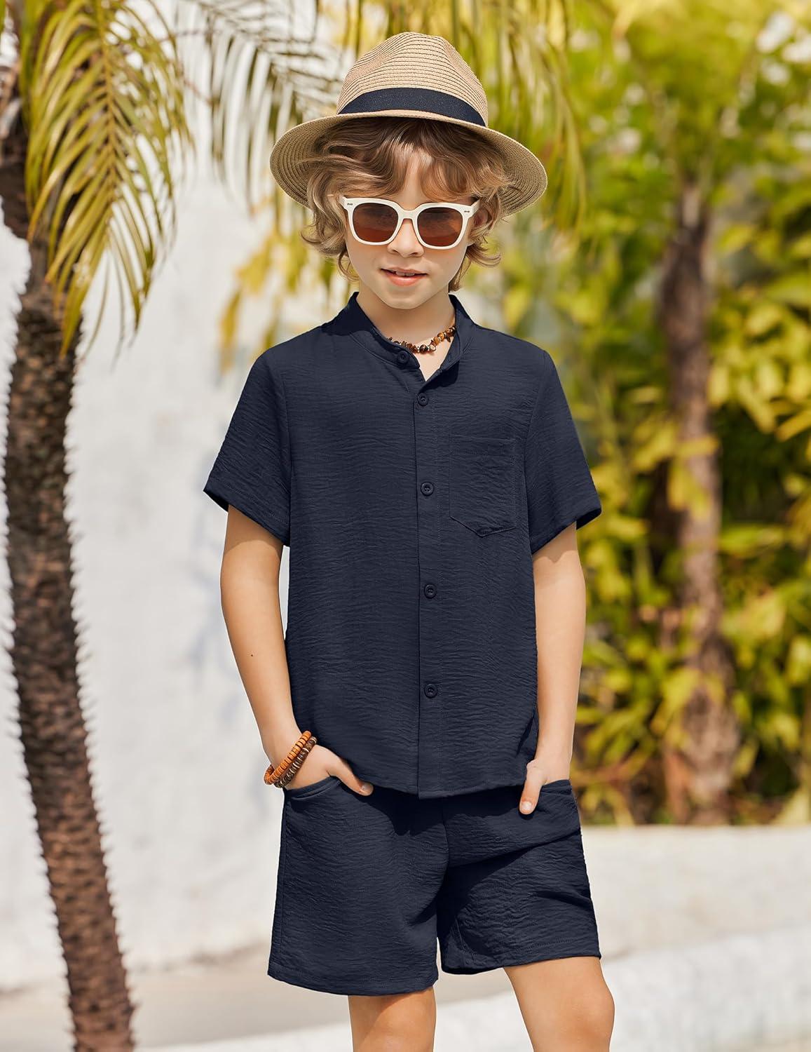 image:imageArshiner Toddler Boys 2 Piece Set Short Sleeve Button Down Shirt and Shorts Vacation Texture Outfits with Pocket 213 YearsNavy Blue