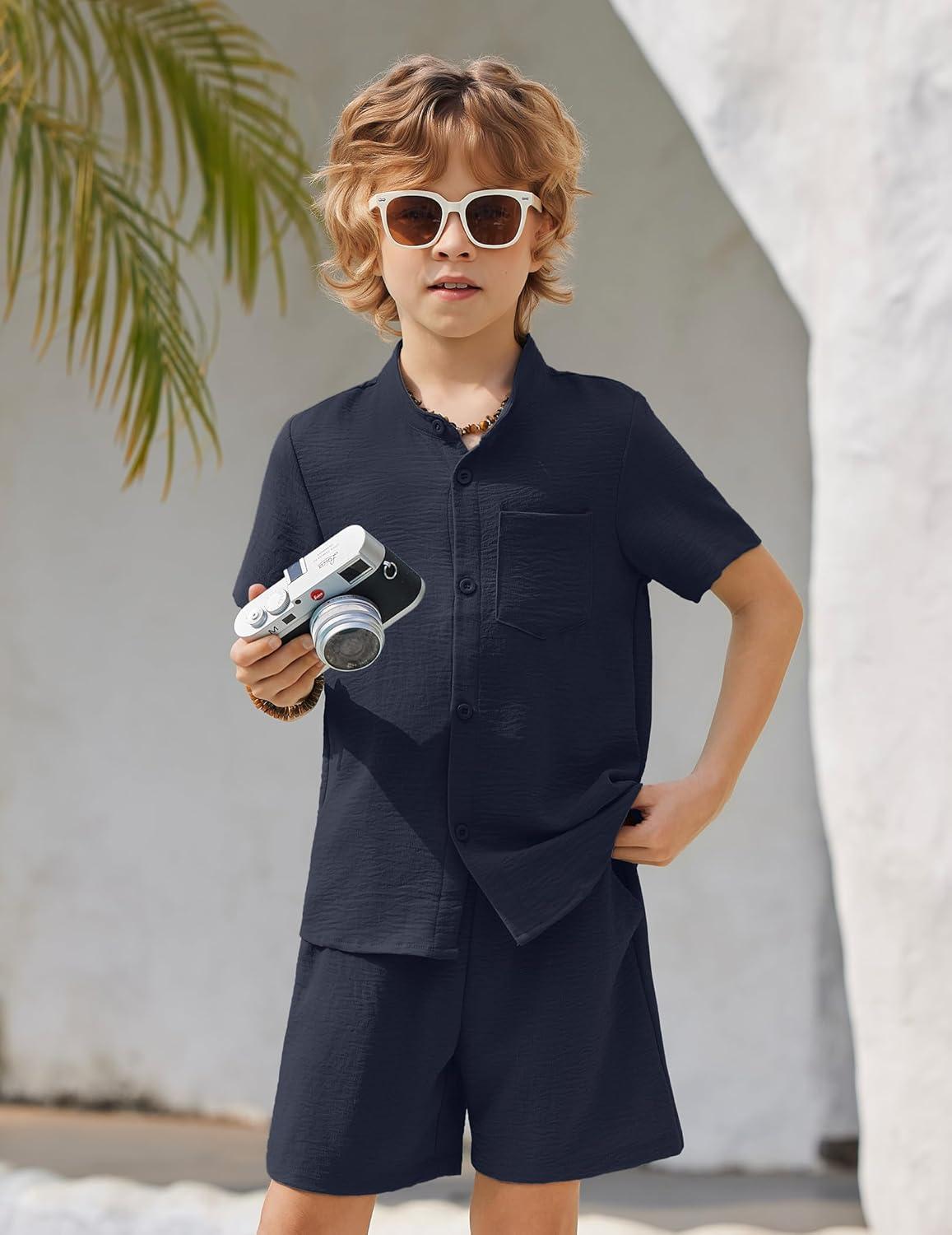 image:imageArshiner Toddler Boys 2 Piece Set Short Sleeve Button Down Shirt and Shorts Vacation Texture Outfits with Pocket 213 YearsNavy Blue