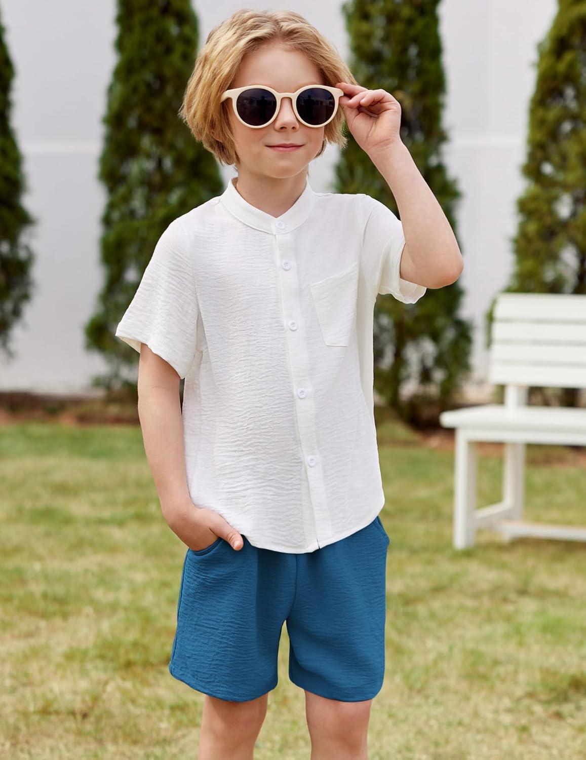 image:imageArshiner Toddler Boys 2 Piece Set Short Sleeve Button Down Shirt and Shorts Vacation Texture Outfits with Pocket 213 YearsWhite Blue