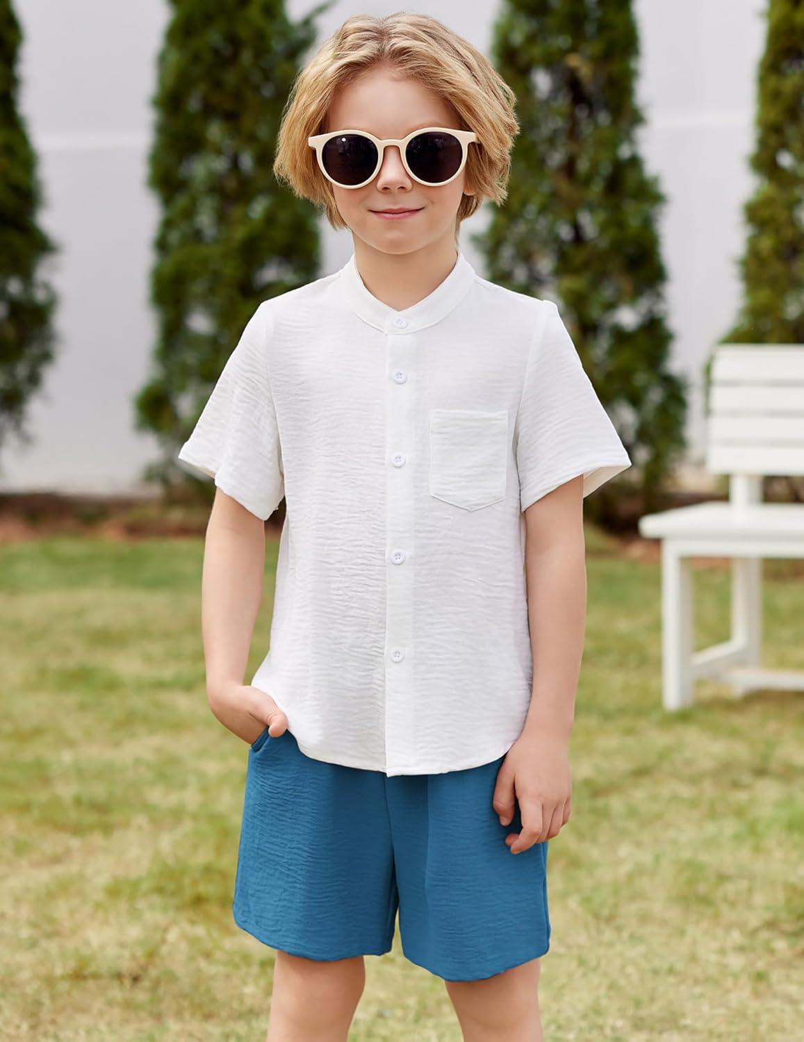 image:imageArshiner Toddler Boys 2 Piece Set Short Sleeve Button Down Shirt and Shorts Vacation Texture Outfits with Pocket 213 YearsWhite Blue