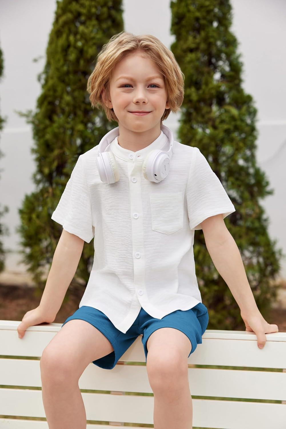 image:imageArshiner Toddler Boys 2 Piece Set Short Sleeve Button Down Shirt and Shorts Vacation Texture Outfits with Pocket 213 YearsWhite Blue