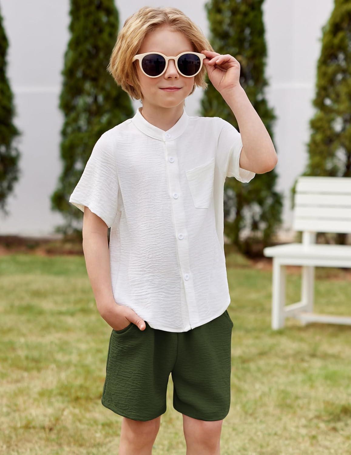 image:imageArshiner Toddler Boys 2 Piece Set Short Sleeve Button Down Shirt and Shorts Vacation Texture Outfits with Pocket 213 YearsWhite Green