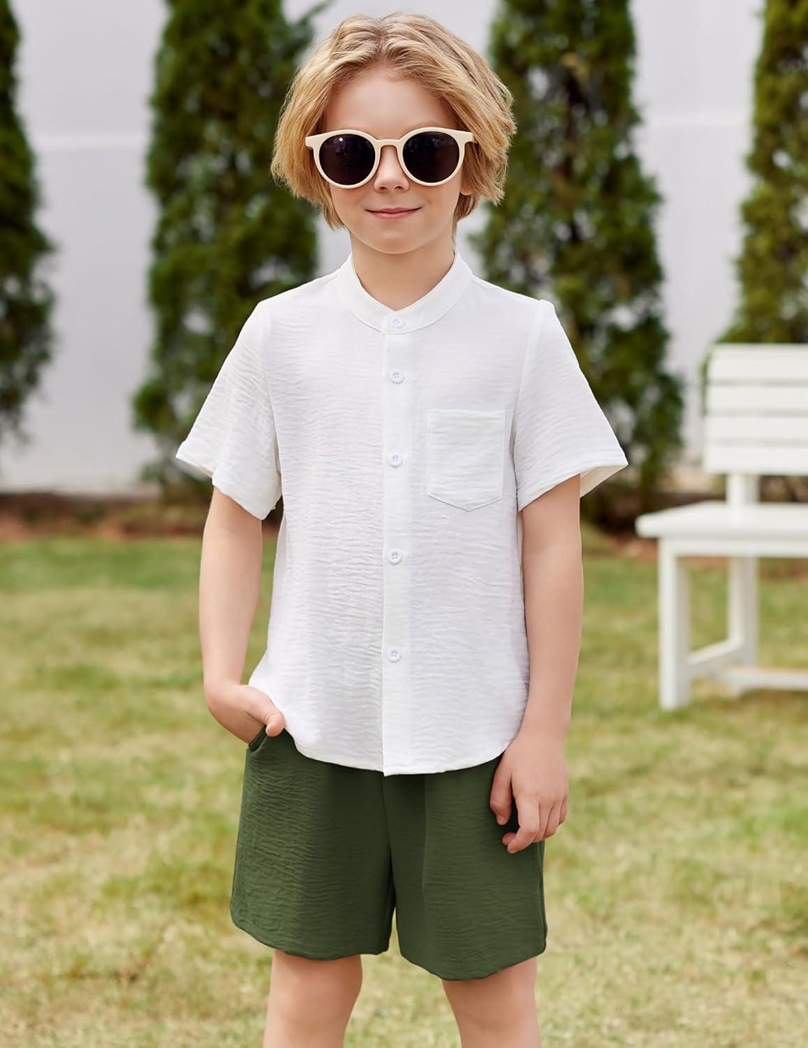 image:imageArshiner Toddler Boys 2 Piece Set Short Sleeve Button Down Shirt and Shorts Vacation Texture Outfits with Pocket 213 YearsWhite Green