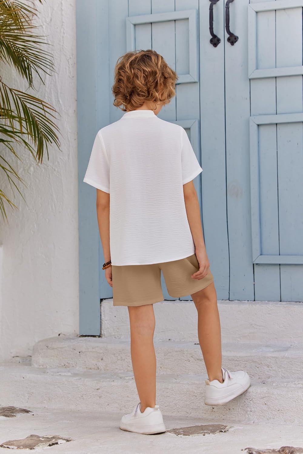 image:imageArshiner Toddler Boys 2 Piece Set Short Sleeve Button Down Shirt and Shorts Vacation Texture Outfits with Pocket 213 YearsWhite Khaki