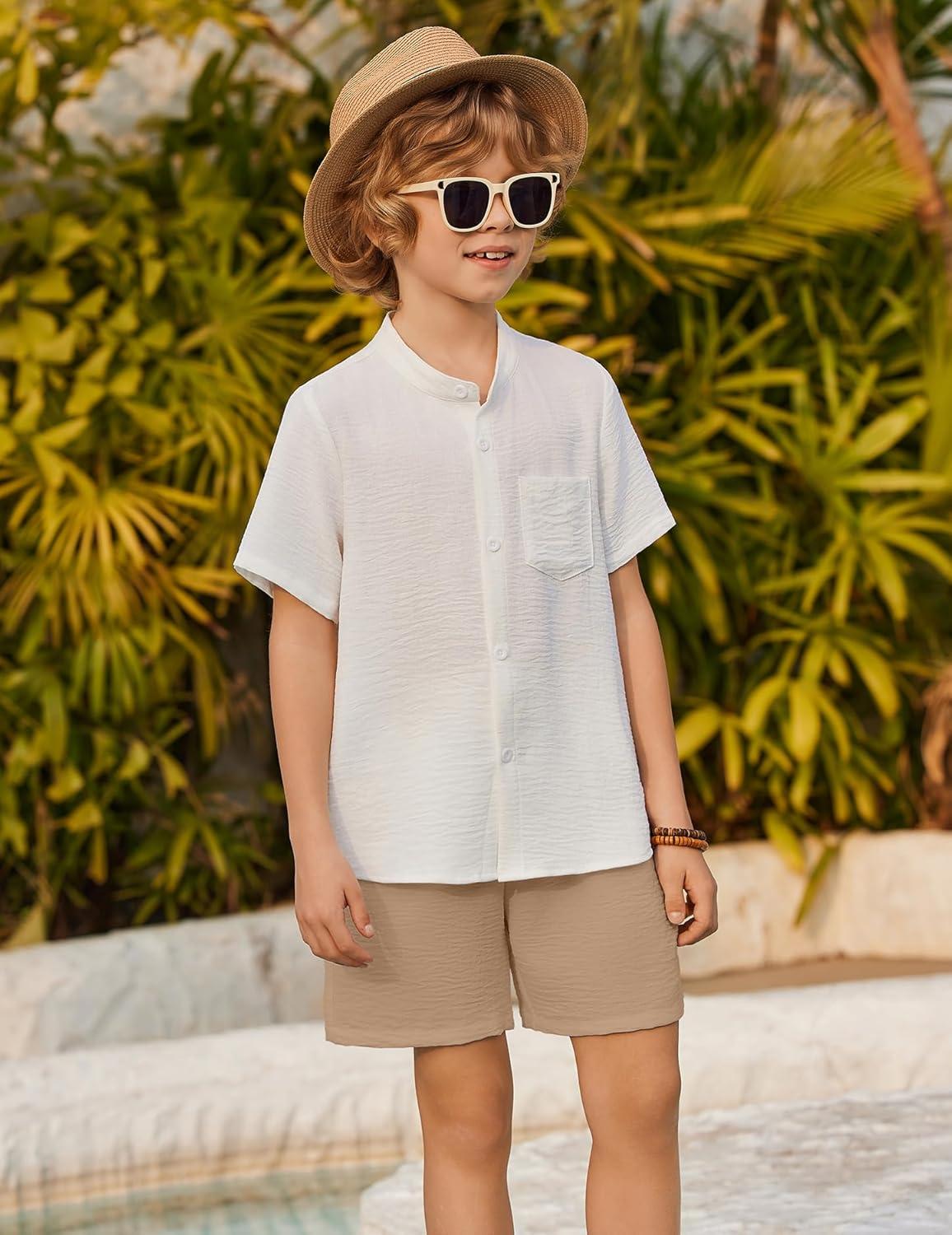 image:imageArshiner Toddler Boys 2 Piece Set Short Sleeve Button Down Shirt and Shorts Vacation Texture Outfits with Pocket 213 YearsWhite Khaki