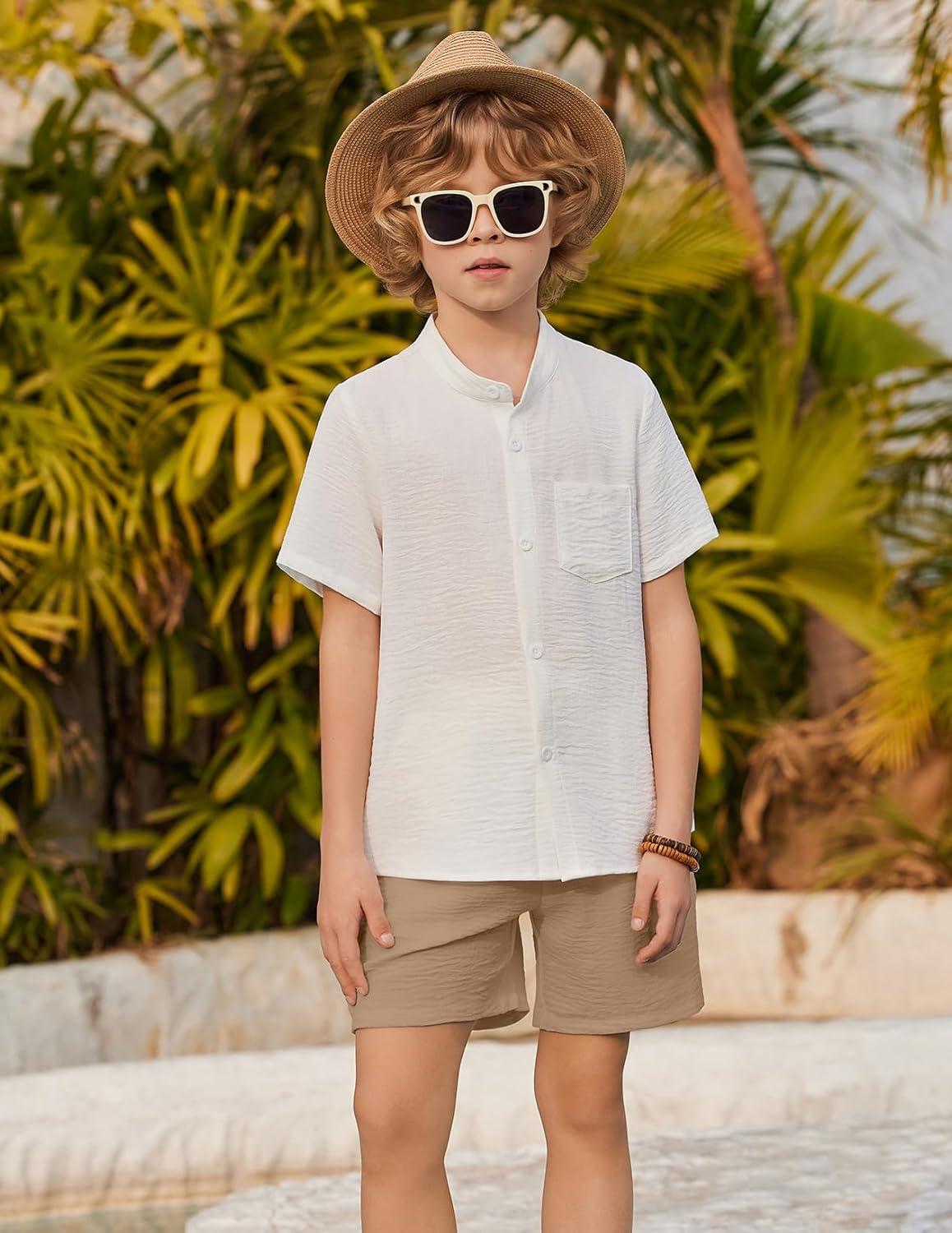 image:imageArshiner Toddler Boys 2 Piece Set Short Sleeve Button Down Shirt and Shorts Vacation Texture Outfits with Pocket 213 YearsWhite Khaki