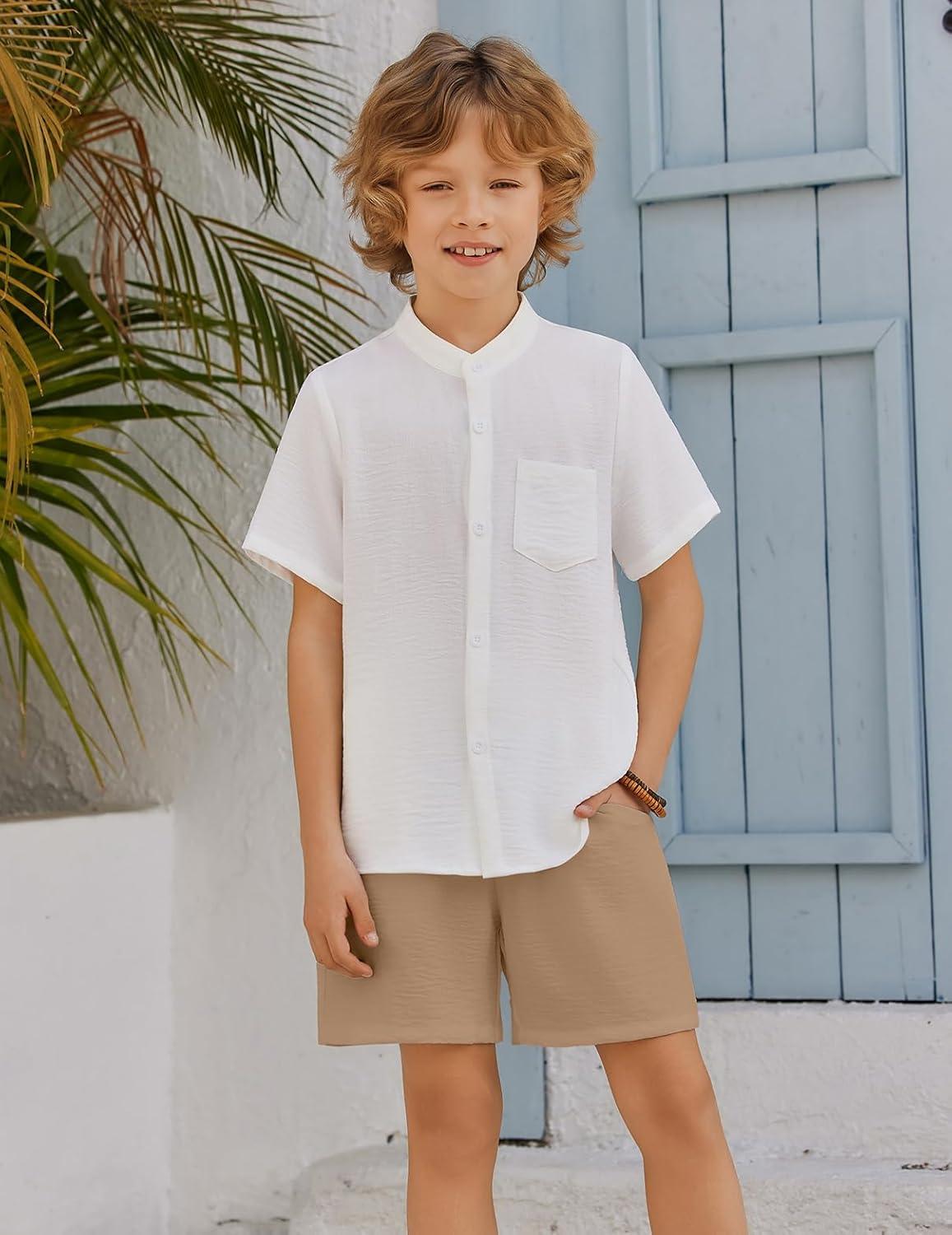 image:imageArshiner Toddler Boys 2 Piece Set Short Sleeve Button Down Shirt and Shorts Vacation Texture Outfits with Pocket 213 YearsWhite Khaki