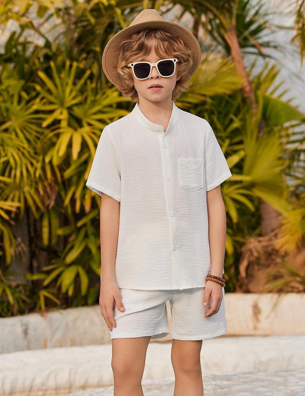 image:imageArshiner Toddler Boys 2 Piece Set Short Sleeve Button Down Shirt and Shorts Vacation Texture Outfits with Pocket 213 YearsWhite
