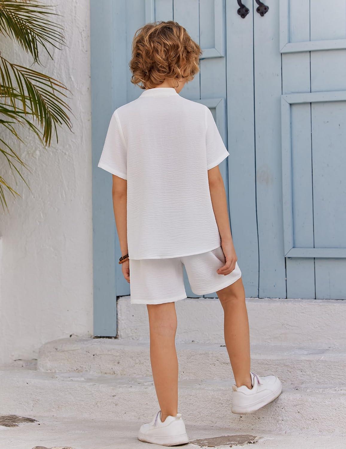 image:imageArshiner Toddler Boys 2 Piece Set Short Sleeve Button Down Shirt and Shorts Vacation Texture Outfits with Pocket 213 YearsWhite