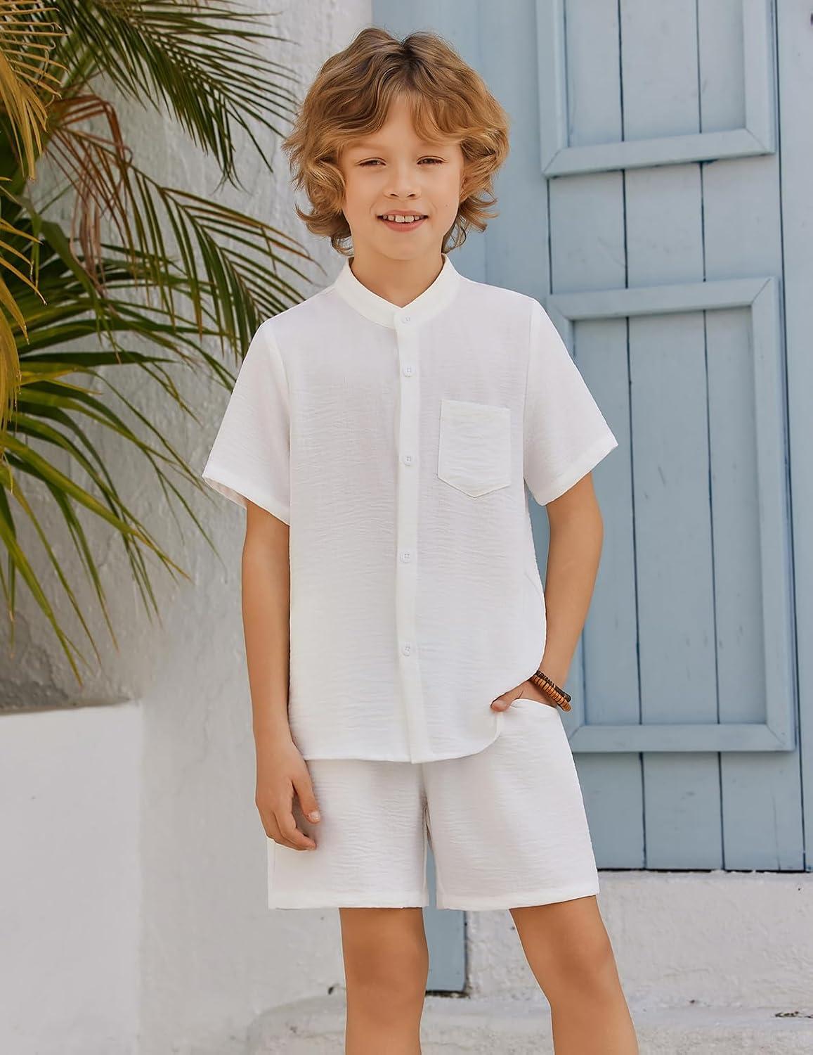 image:imageArshiner Toddler Boys 2 Piece Set Short Sleeve Button Down Shirt and Shorts Vacation Texture Outfits with Pocket 213 YearsWhite