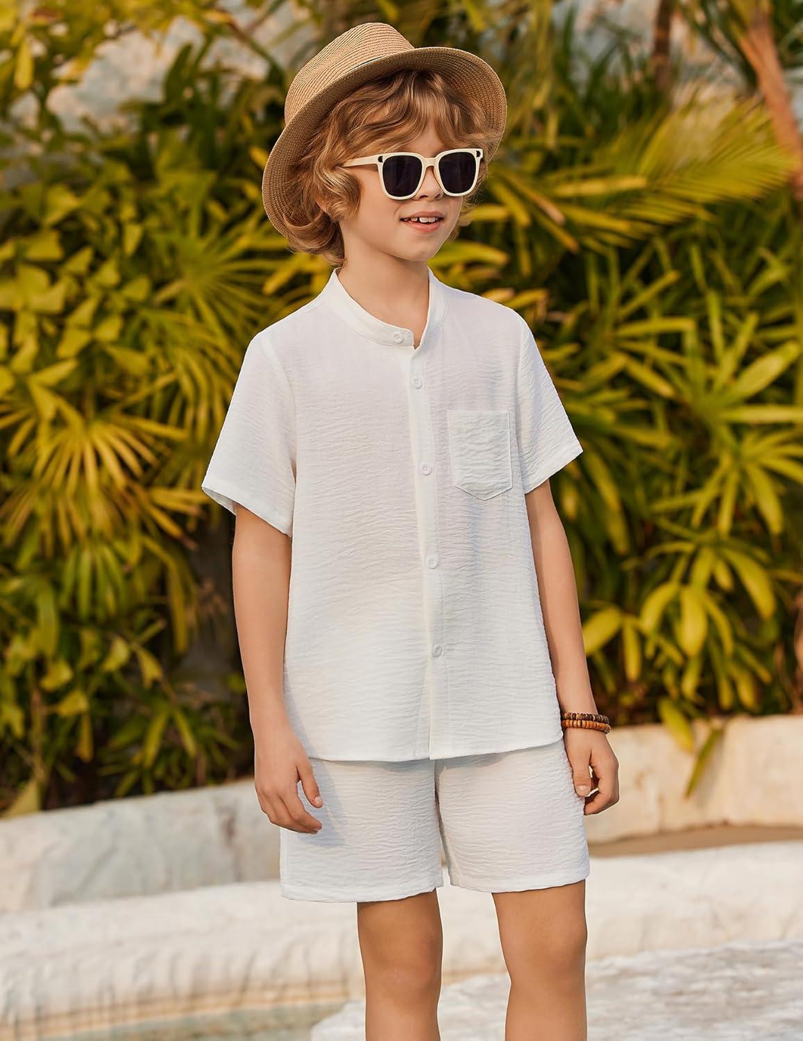 image:imageArshiner Toddler Boys 2 Piece Set Short Sleeve Button Down Shirt and Shorts Vacation Texture Outfits with Pocket 213 YearsWhite