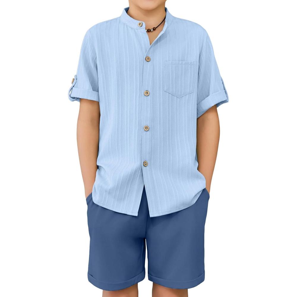 image:imageArshiner Boys 2 Piece Beach Outfit Short Sleeve Textured Button Down Shirt and Short Sets Summer Vacation Wear 412 YearsBlue  Navy