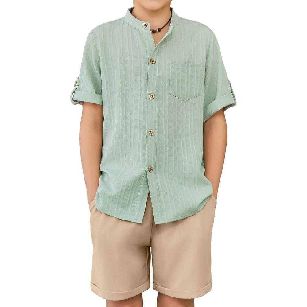 image:imageArshiner Boys 2 Piece Beach Outfit Short Sleeve Textured Button Down Shirt and Short Sets Summer Vacation Wear 412 YearsGreen  Khaki