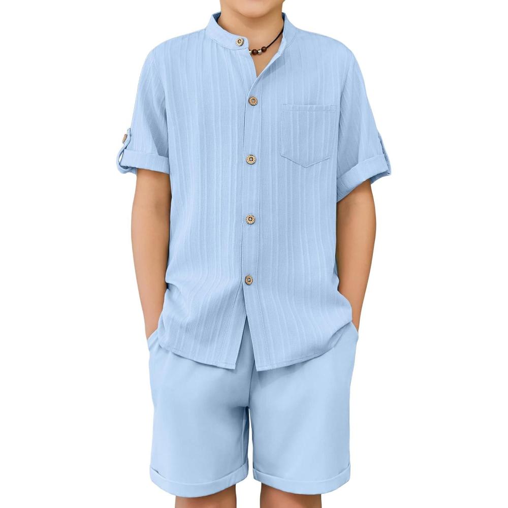 image:imageArshiner Boys 2 Piece Beach Outfit Short Sleeve Textured Button Down Shirt and Short Sets Summer Vacation Wear 412 YearsLight Blue