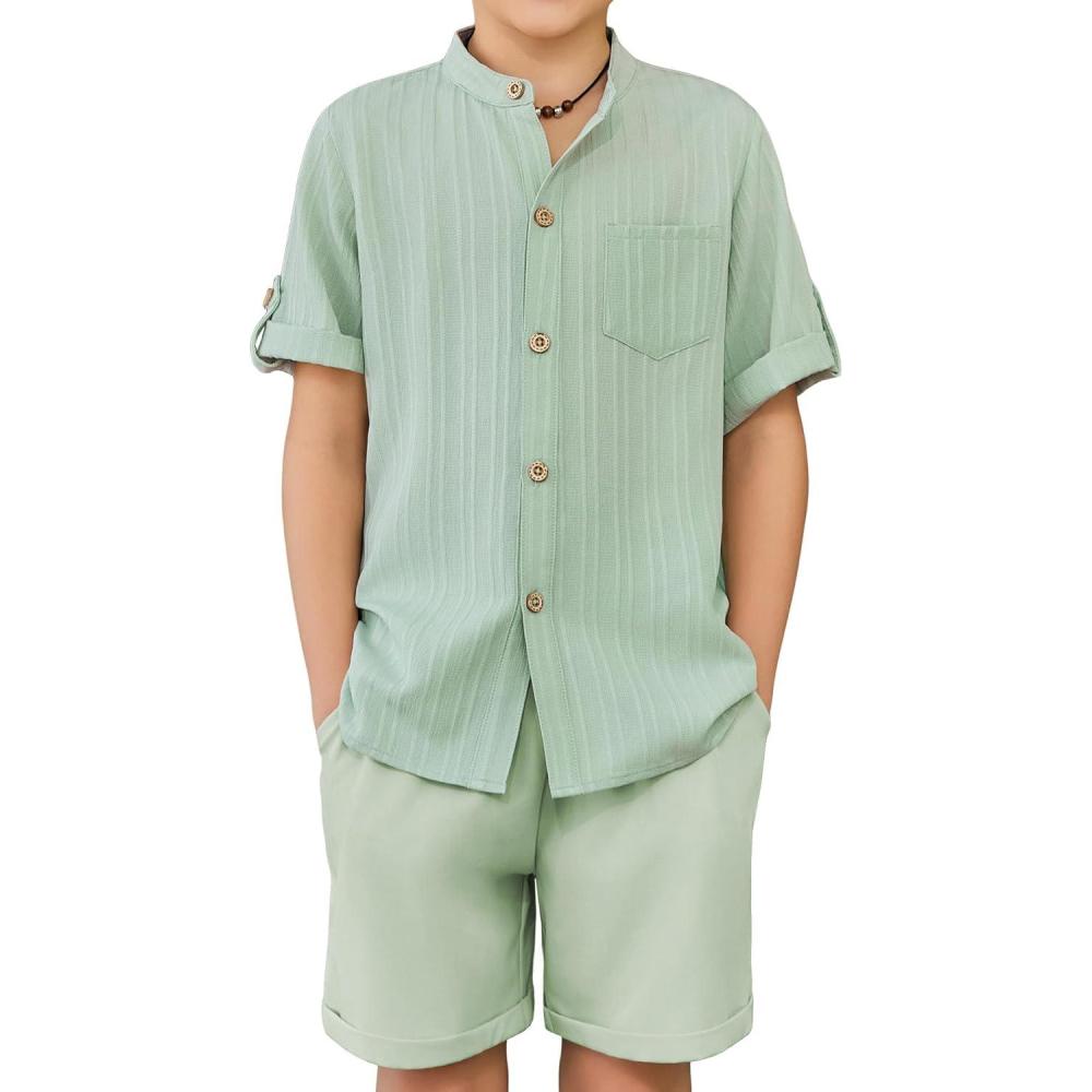 image:imageArshiner Boys 2 Piece Beach Outfit Short Sleeve Textured Button Down Shirt and Short Sets Summer Vacation Wear 412 YearsLight Green