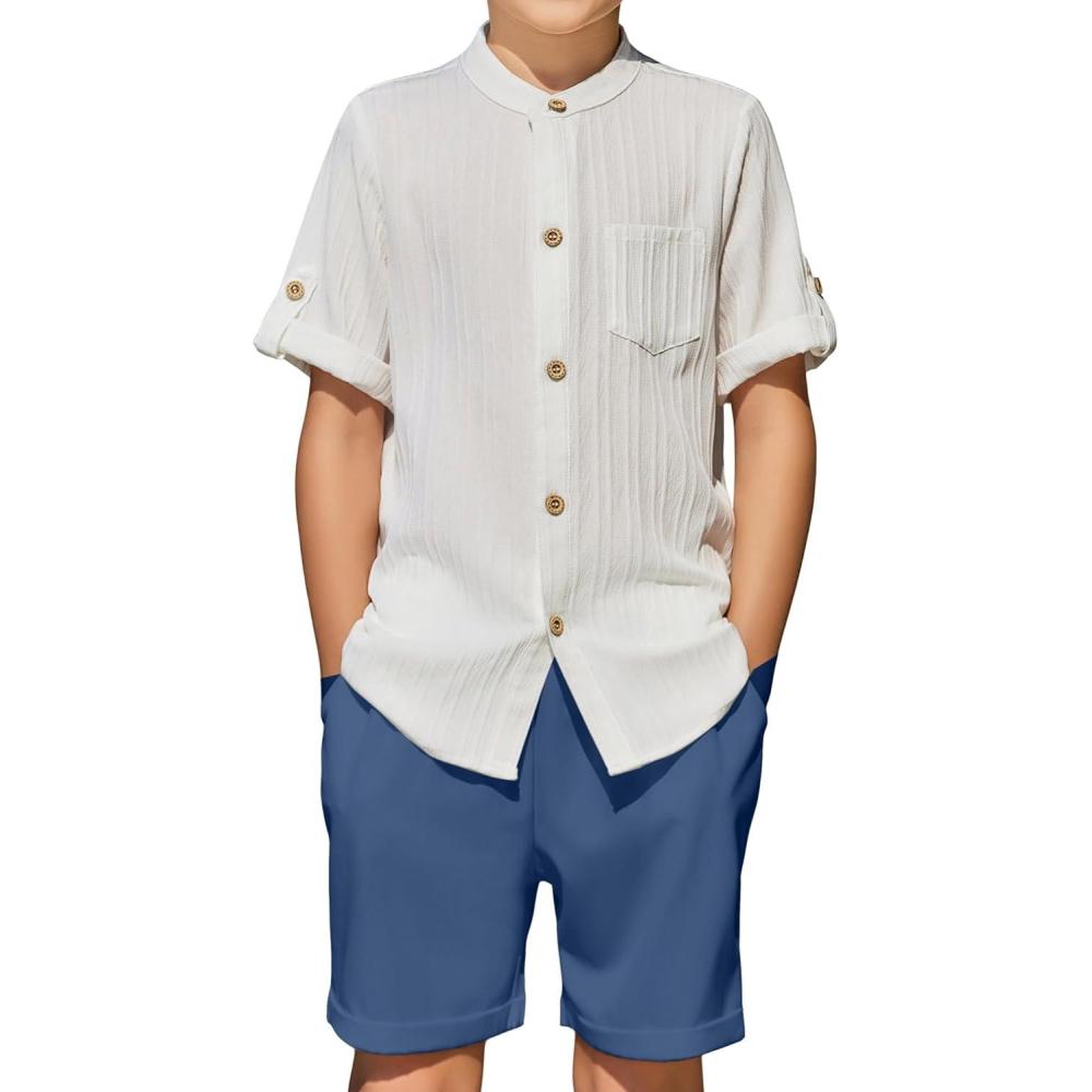 image:imageArshiner Boys 2 Piece Beach Outfit Short Sleeve Textured Button Down Shirt and Short Sets Summer Vacation Wear 412 YearsWhite  Blue